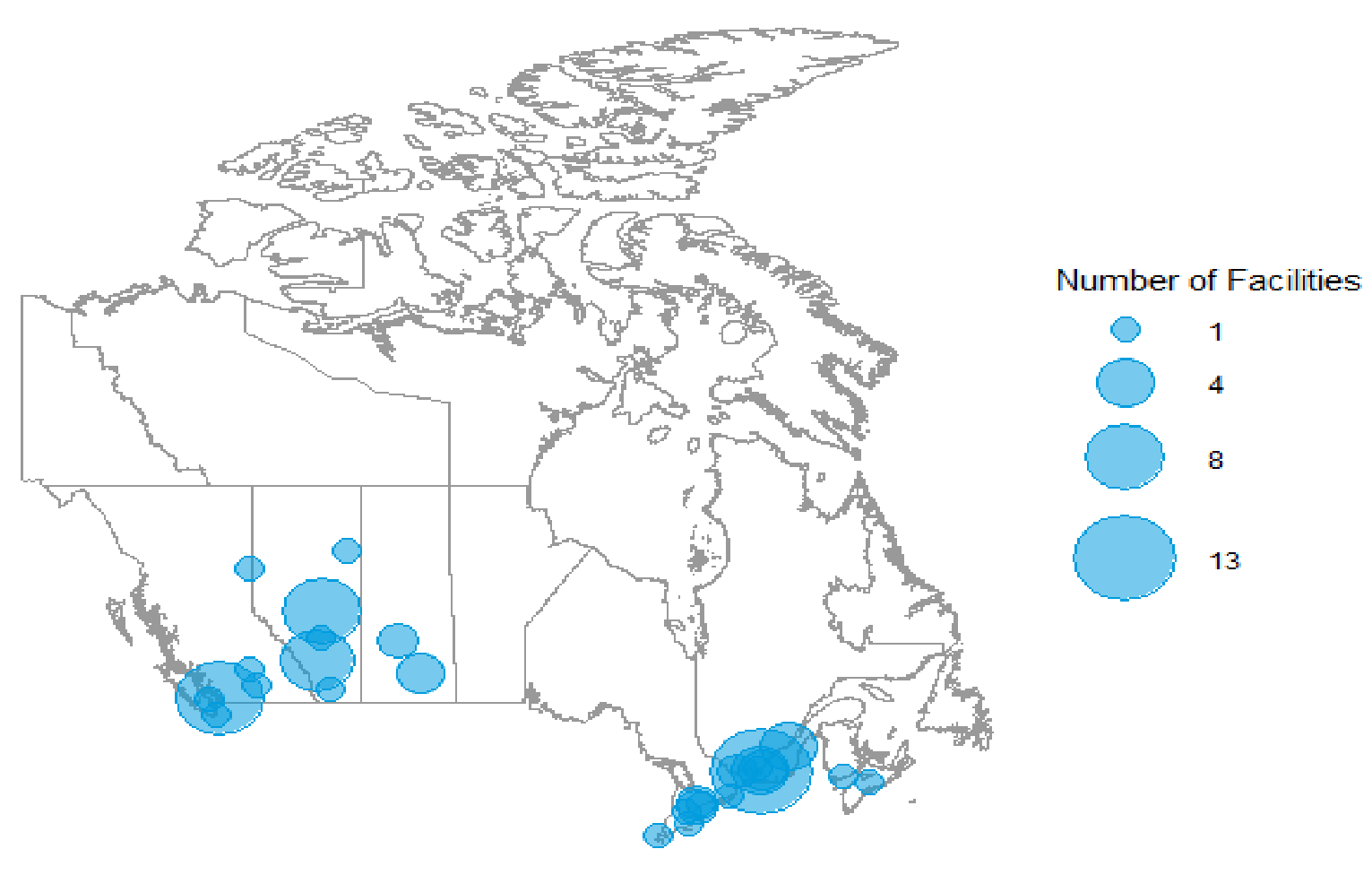 Map of Canada illustrating the locations of private facilities in Canada providing advanced medical imaging exams. The majority of facilities are in or near census metropolitan areas.