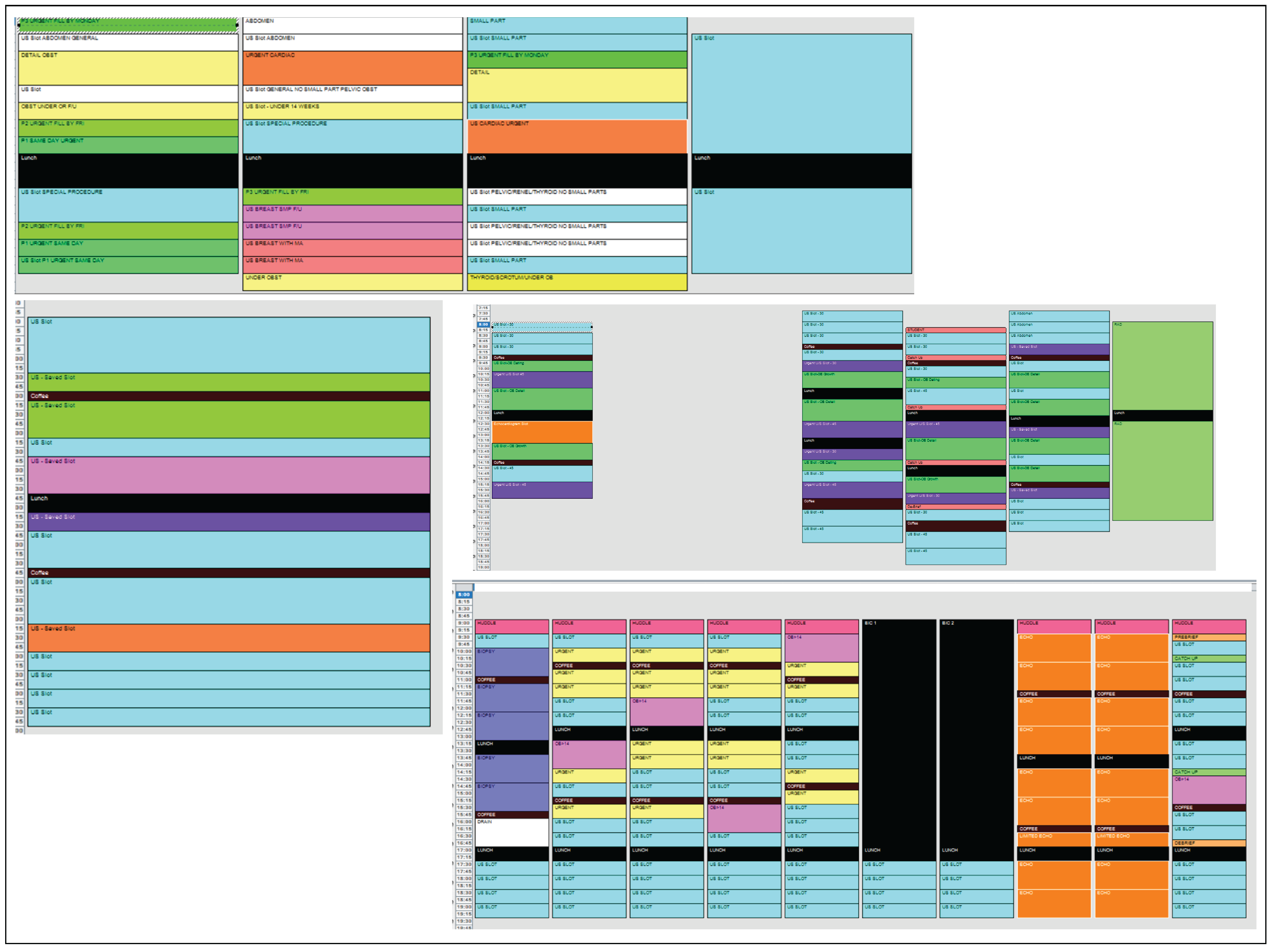 Four tables showing the standard number of ultrasound examinations scheduled during a typical 8-hour workday for several ultrasound rooms according to exam type, and included examinations for obstetrics, pelvis, abdomen, cardiac, small parts, thyroid, and breast. Time slots vary from 30 minutes to more than 3 hours.
