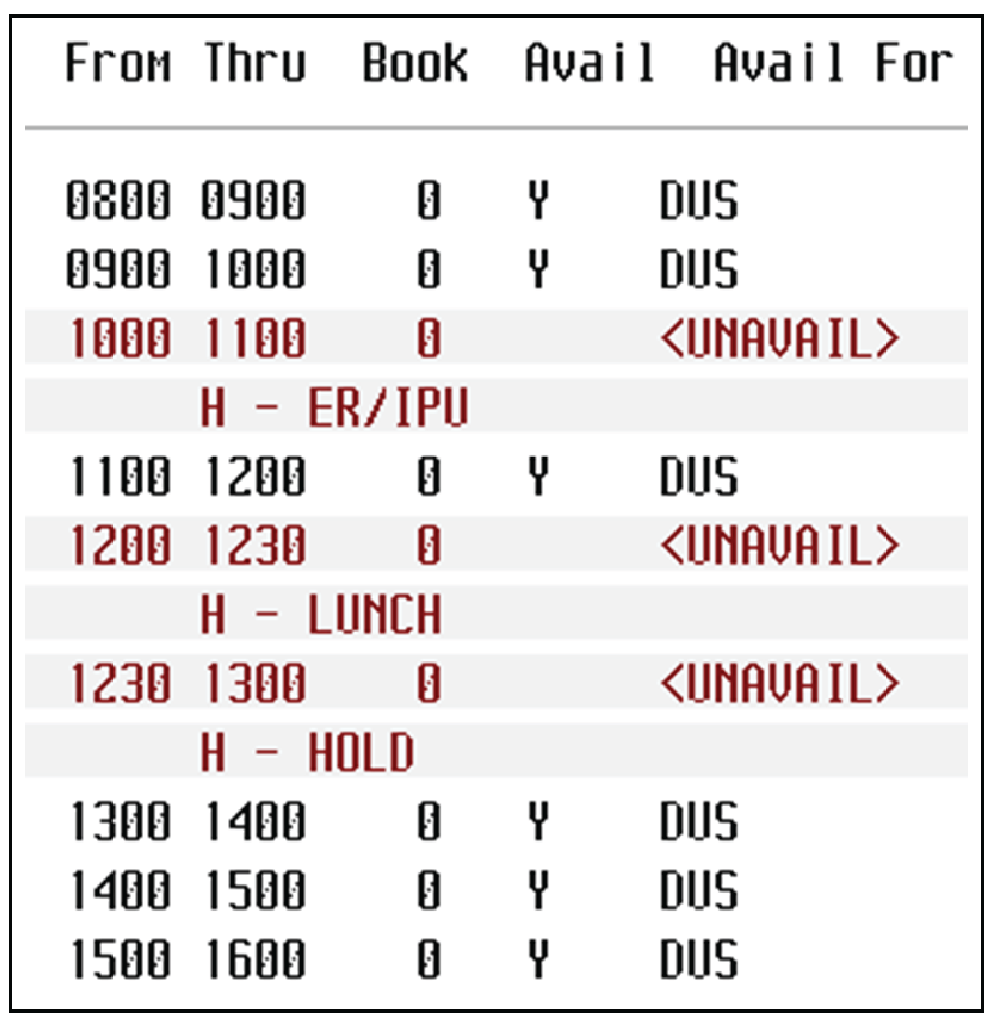 A table showing the standard number of ultrasound examinations scheduled during a typical 8-hour workday and includes 7 time slots of 60 minutes, with 1 slot reserved for emergency patients. Details on type of examination was not available.