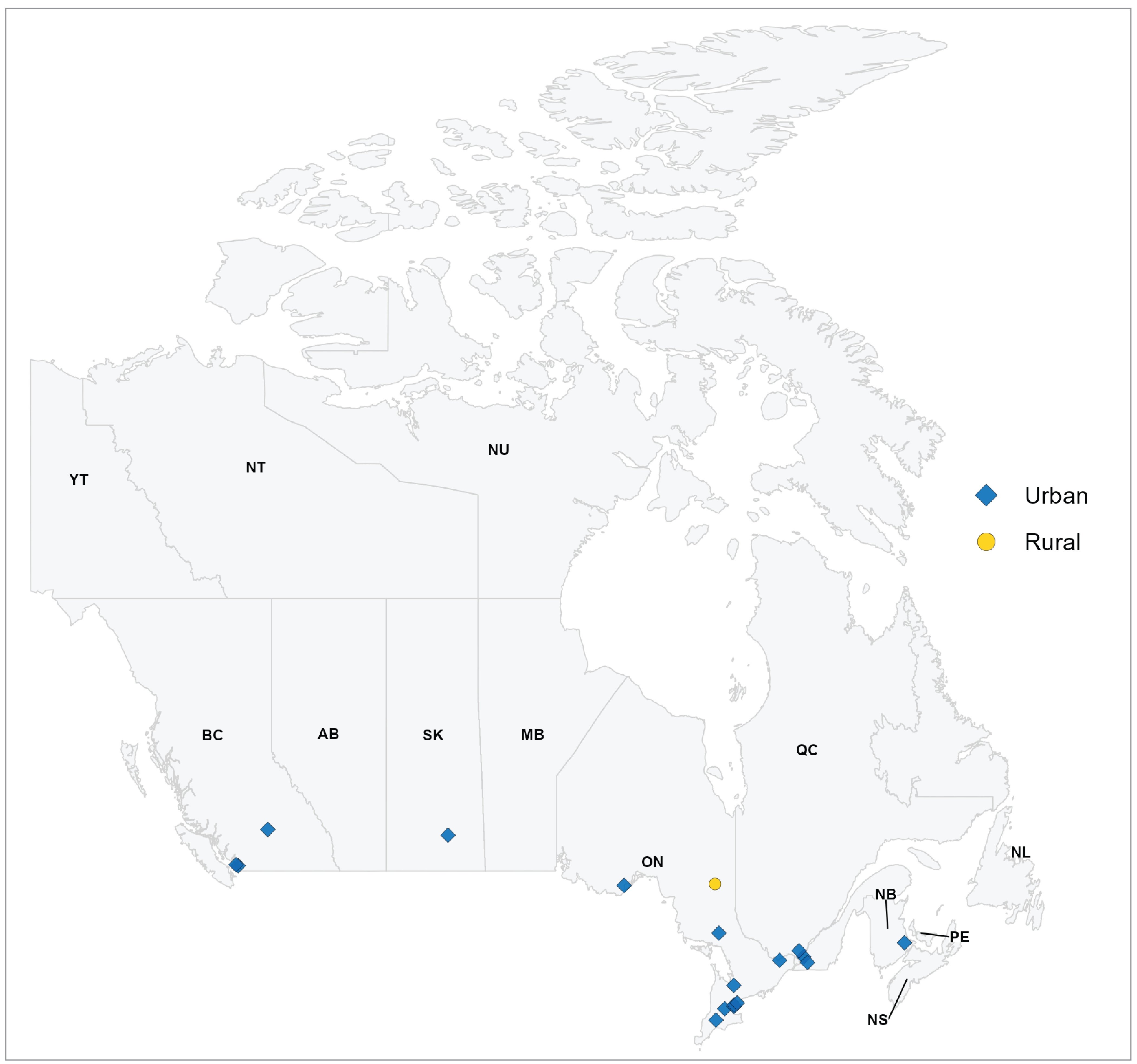 A map showing the number of sites across Canada that reported offering 24-hour MRI services. Of the 23 sites providing 24-hour services, 22 are located in urban areas and 1 in a rural area. No remote sites reported 24-hour MRI availability.