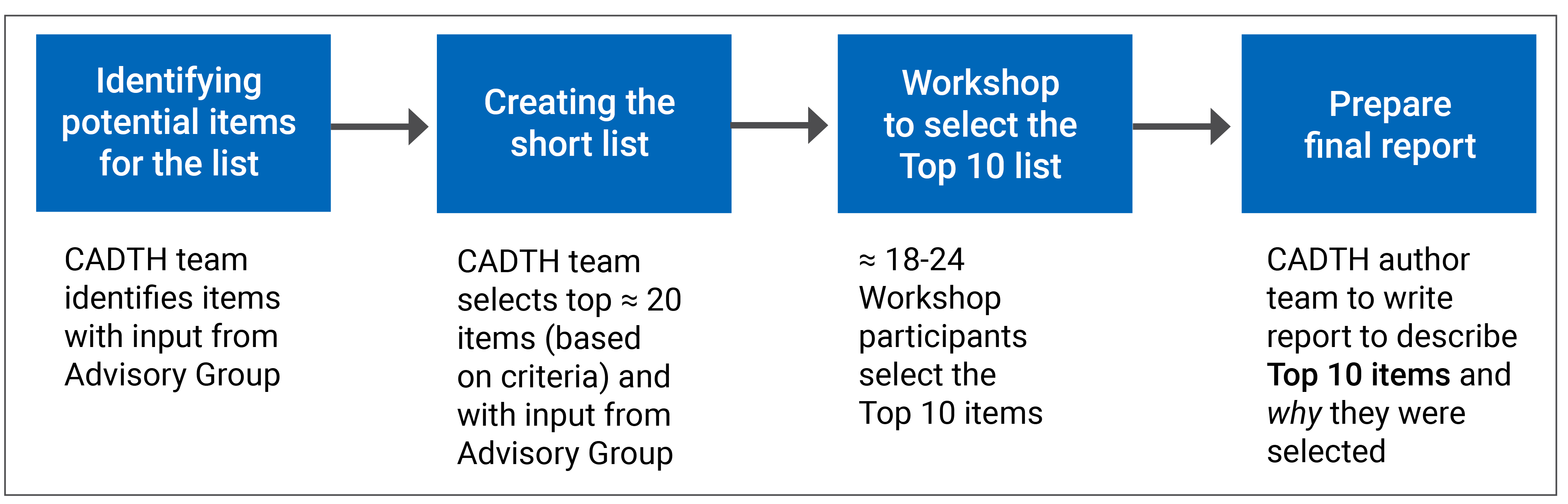 Alt text: A flow diagram showing the key steps used to develop the 2024 Watch List. A literature review and input from Advisory Group were used to identify items, approximately 20 items were selected based on criteria and input from the Advisory Group for the short list, a 17-member panel selected the top 10 list during a half-day workshop, and the final report of the top 10 items was written using literature findings and workshop discussions.