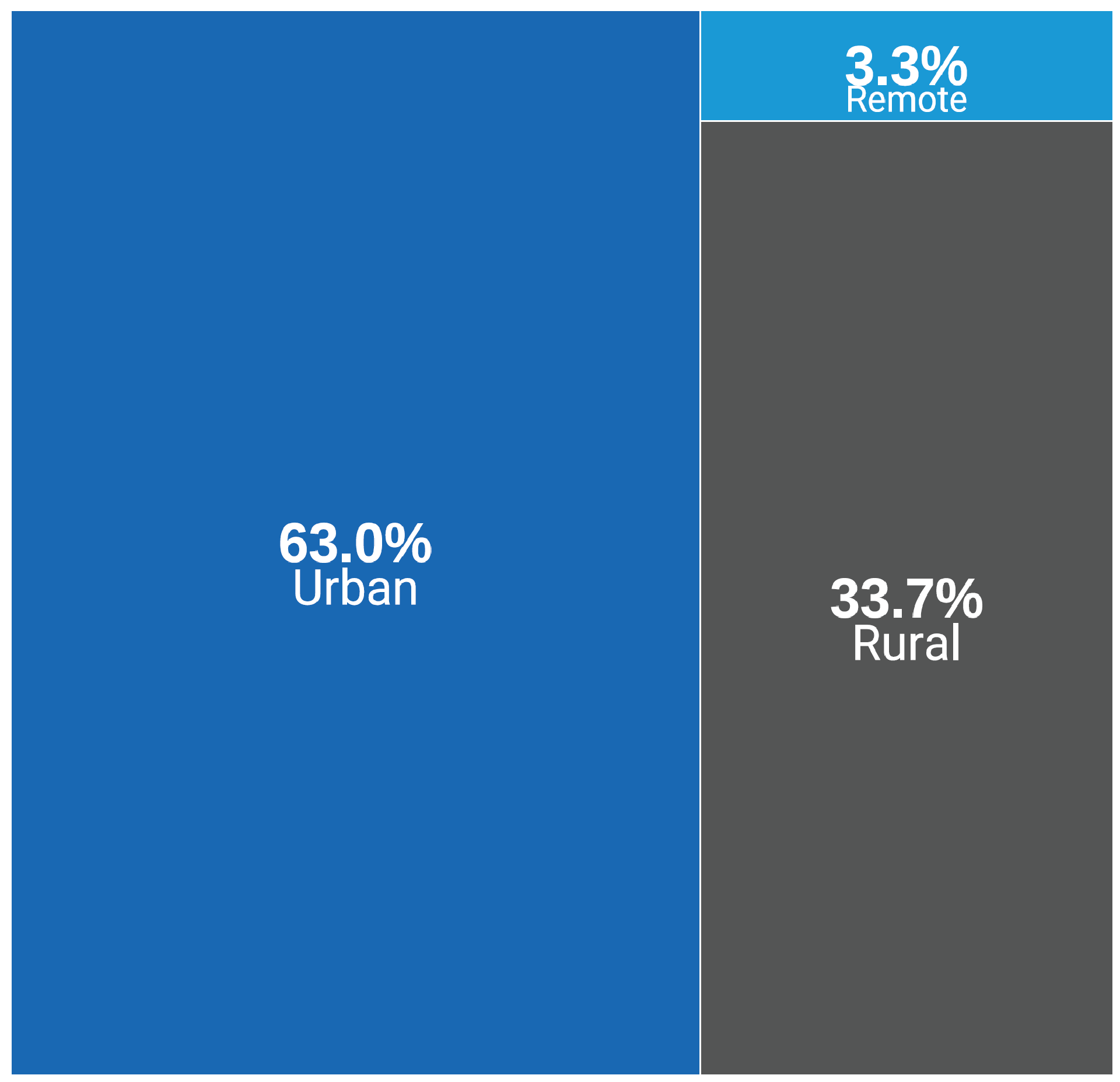 A treemap of the geographic setting of advanced imaging facilities in Canada across provinces and territories in 2022–2023. Approximately 63% of facilities are urban, 34% are rural, and 3% are remote.