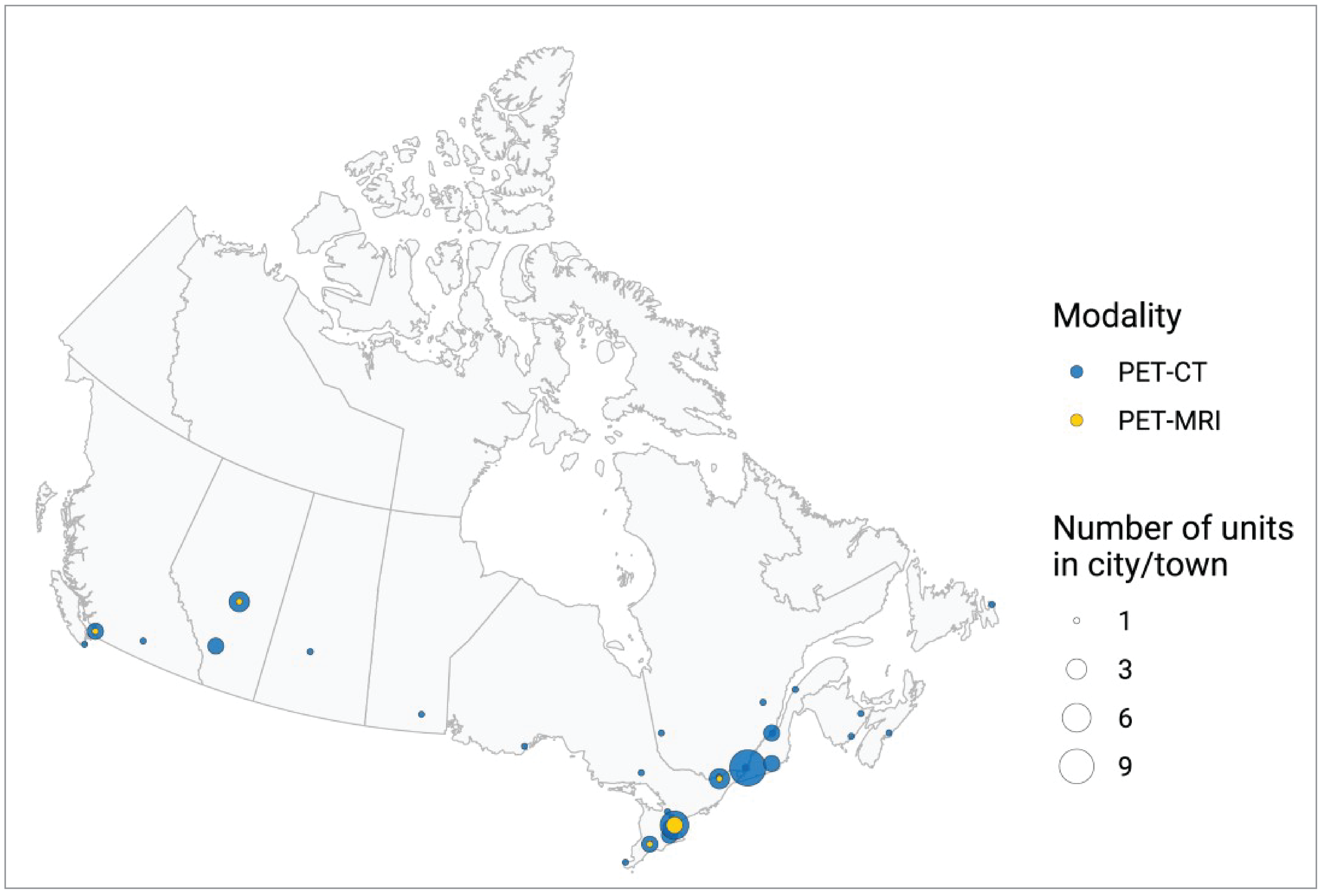 Map of Canada showing the geographic distribution of PET-CT units (blue circles) and PET-MRI units (yellow circles) in 2022–2023. Circles depict the number of units in a city or town, with greater diameters representing larger numbers, up to 9 units per city.