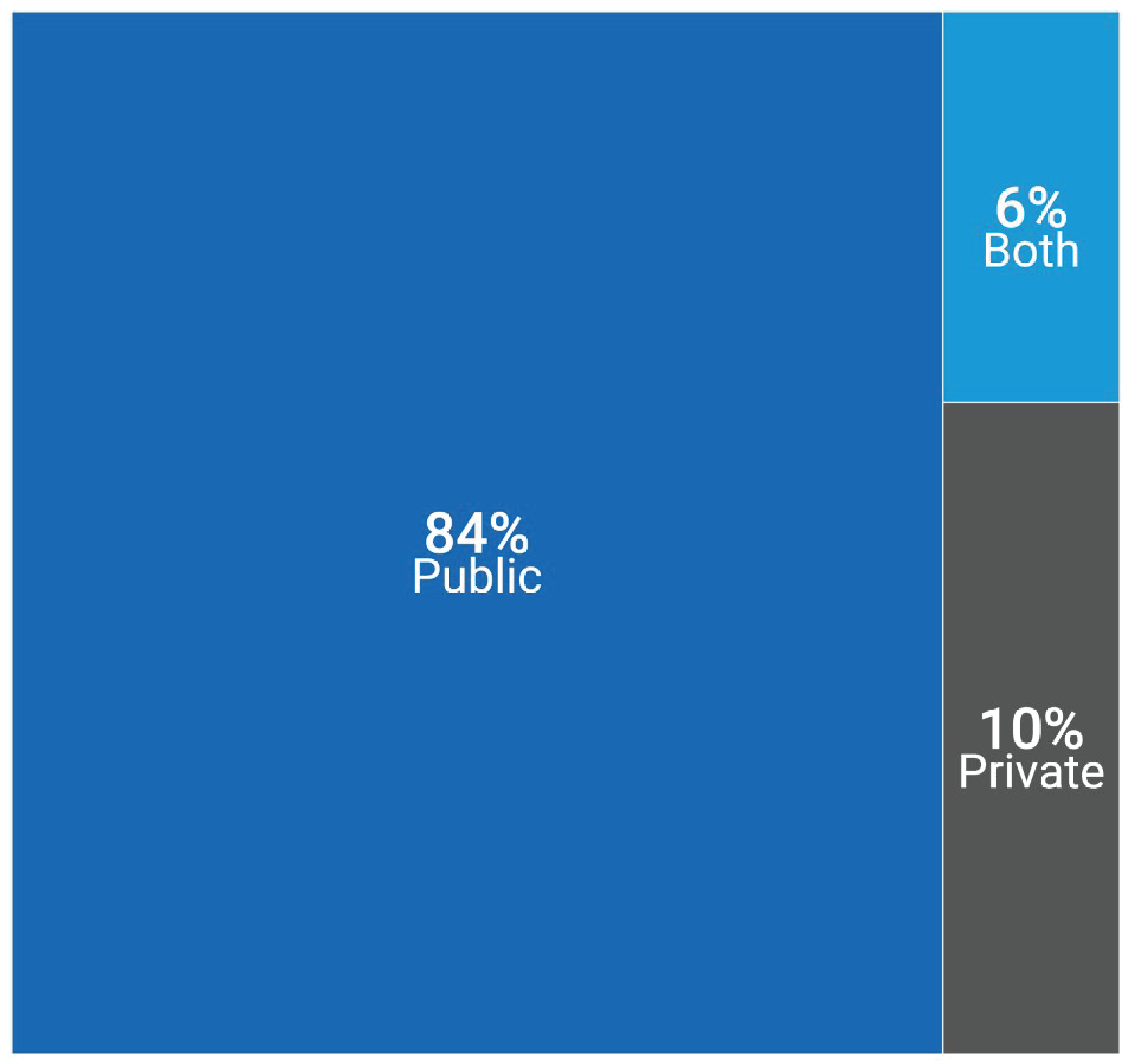 Treemap of the sources of funding for each PET-CT imaging facility in 2022–2023. The proportion of sites that correspond to the funding source (public, private, or both) is displayed.