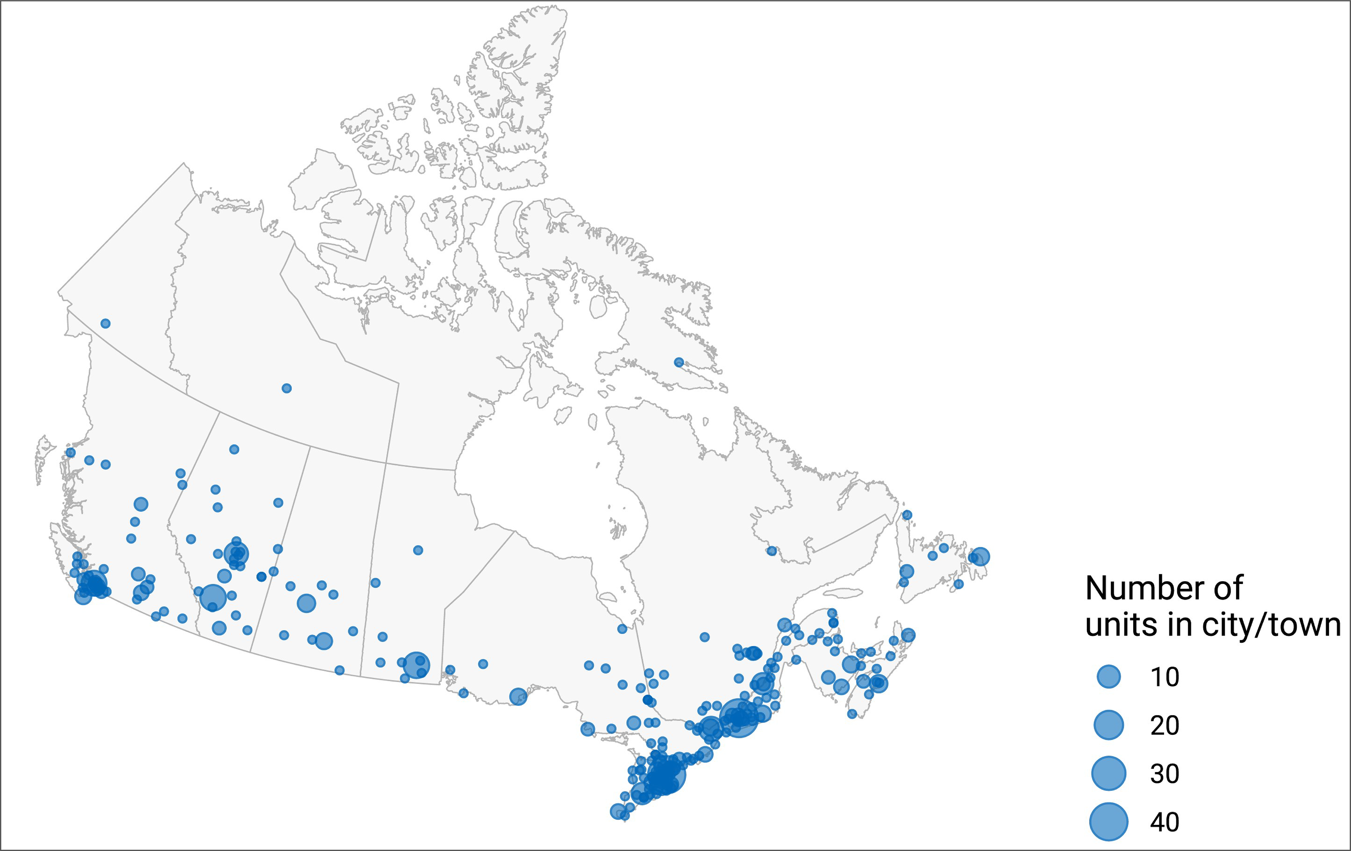 Map of Canada showing the geographic distribution of CT units in 2022–2023. Blue circles depict the number of units in a city or town, with greater diameters representing larger numbers, up to 40 units per city.