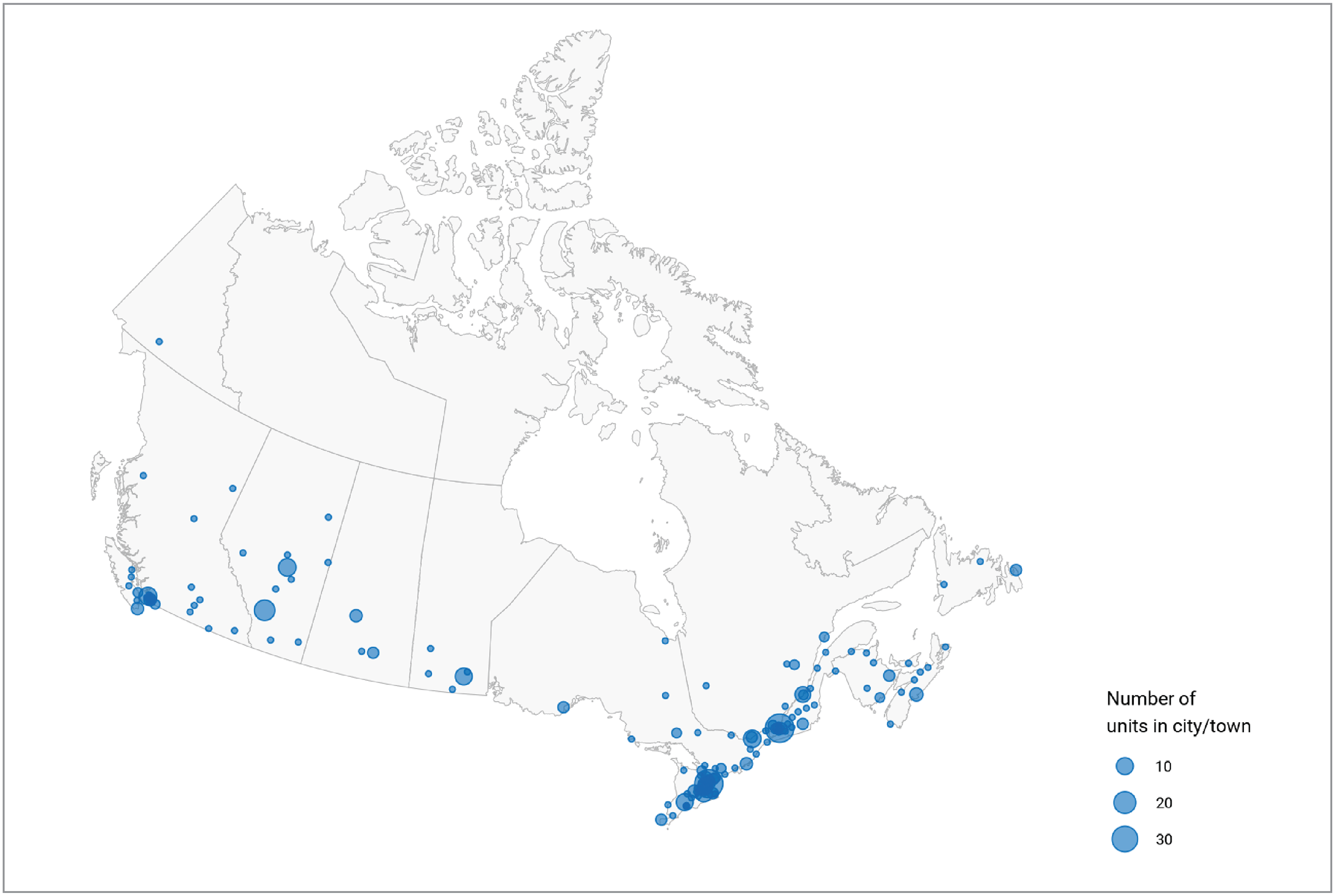 Map of Canada showing the geographic distribution of MRI units in 2022–2023. Blue circles depict the number of units in a city or town, with greater diameters representing larger numbers, up to 30 units per city.