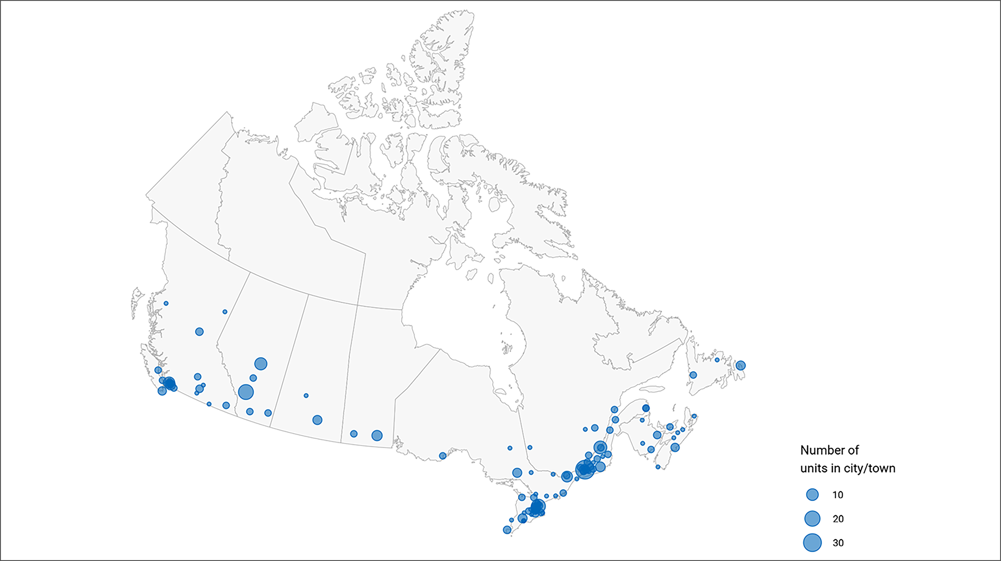 Map of Canada showing the geographic distribution of SPECT-CT units in 2022–2023. Blue circles depict the number of units in a city or town, with greater diameters representing larger numbers, up to 30 units per city.