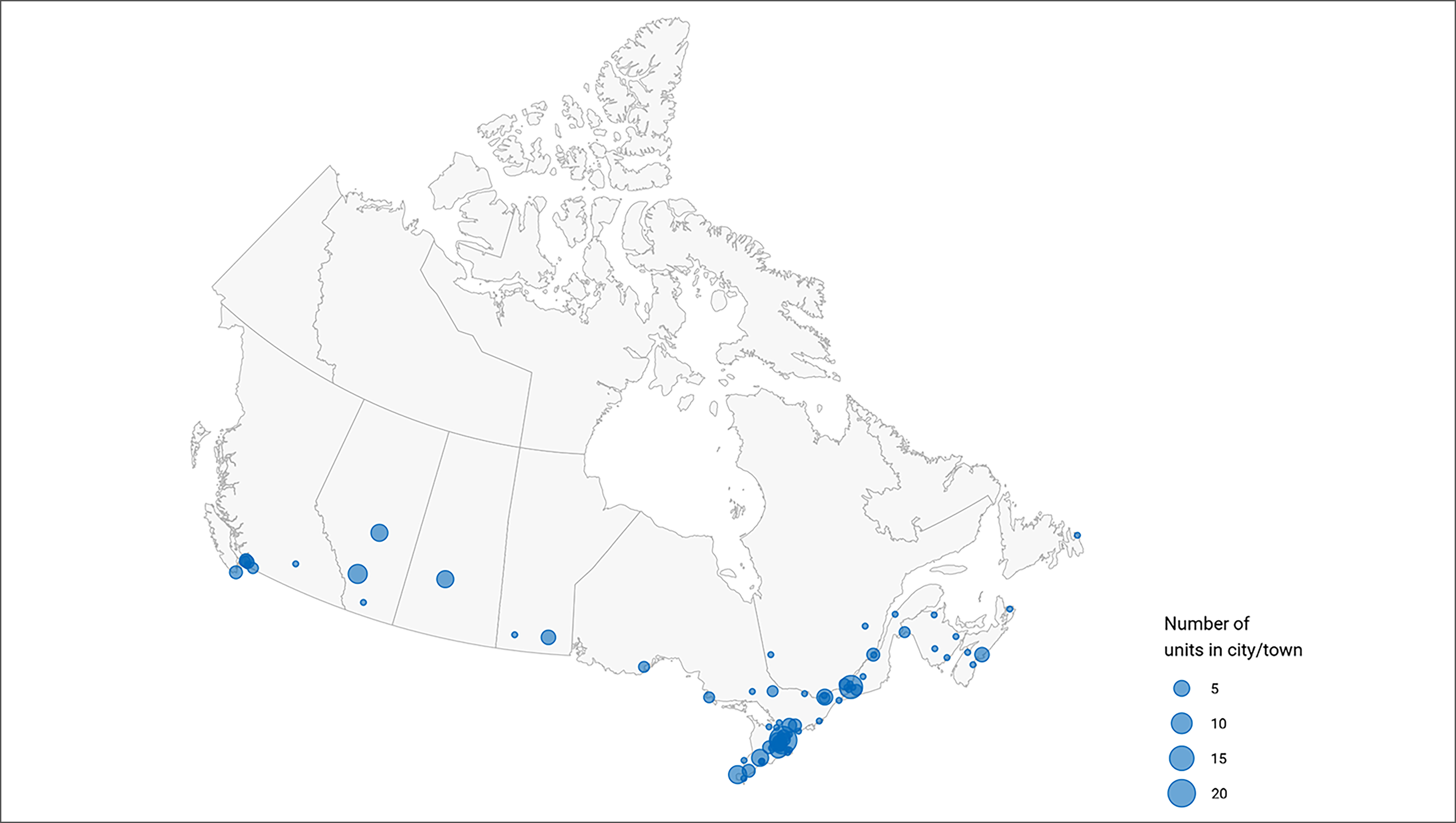 Map of Canada showing the geographic distribution of SPECT units in 2022–2023. Blue circles depict the number of units in a city or town, with greater diameters representing larger numbers, up to 20 units per city.