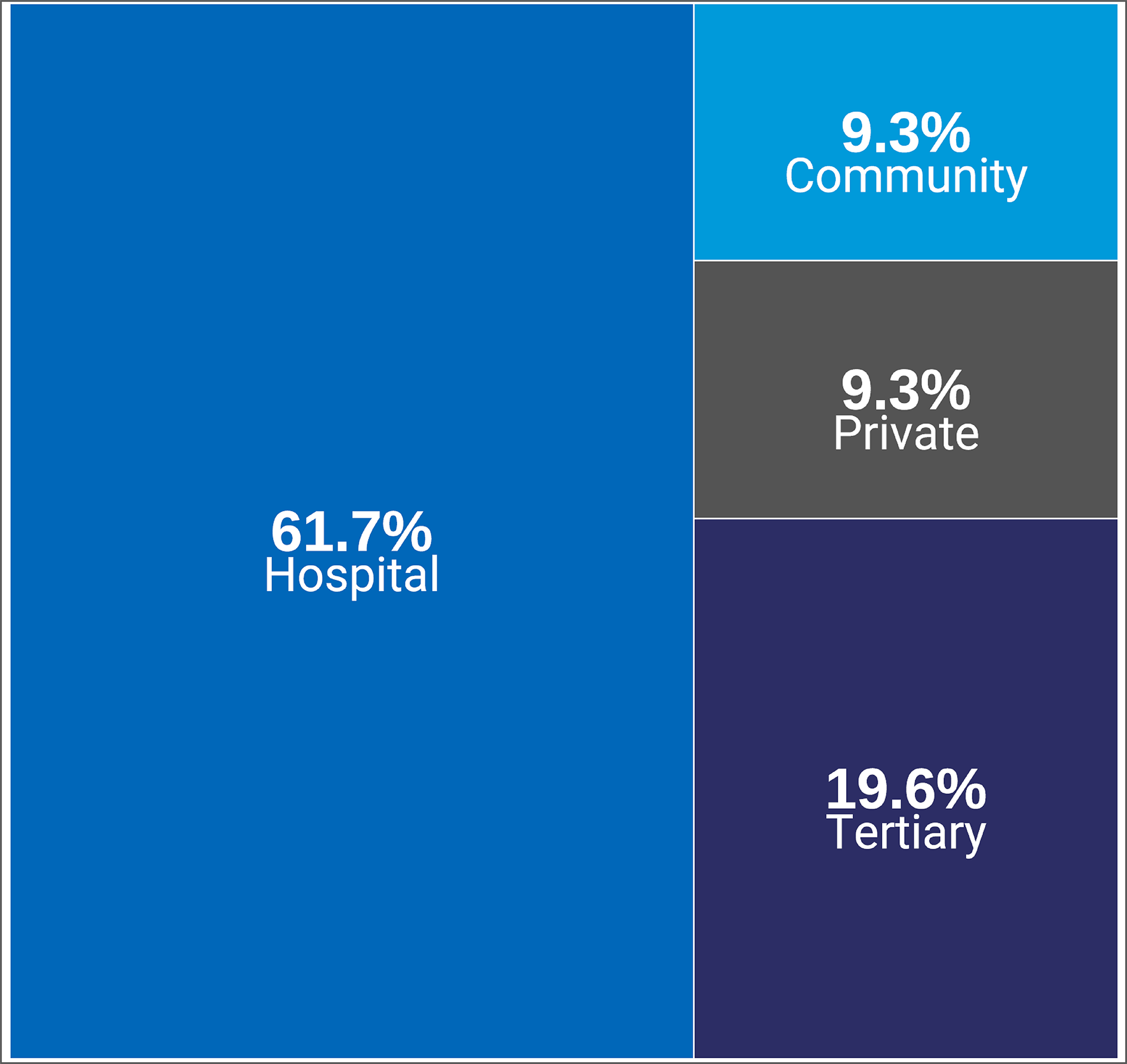 A treemap of the types of SPECT imaging facilities in Canada, across provinces and territories, in 2022–2023. The proportion of sites that correspond to each facility type (hospital [61.7%], community [9.3%], tertiary [19.6%], or private [9.3%]) is displayed.