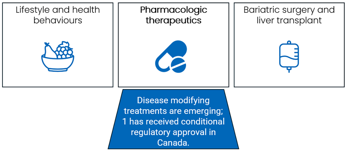 Three treatment options exist for MASH: lifestyle and health behavioural changes; emerging pharmacologic treatments; and more invasive options for advanced disease, such as bariatric surgery and liver transplant.
