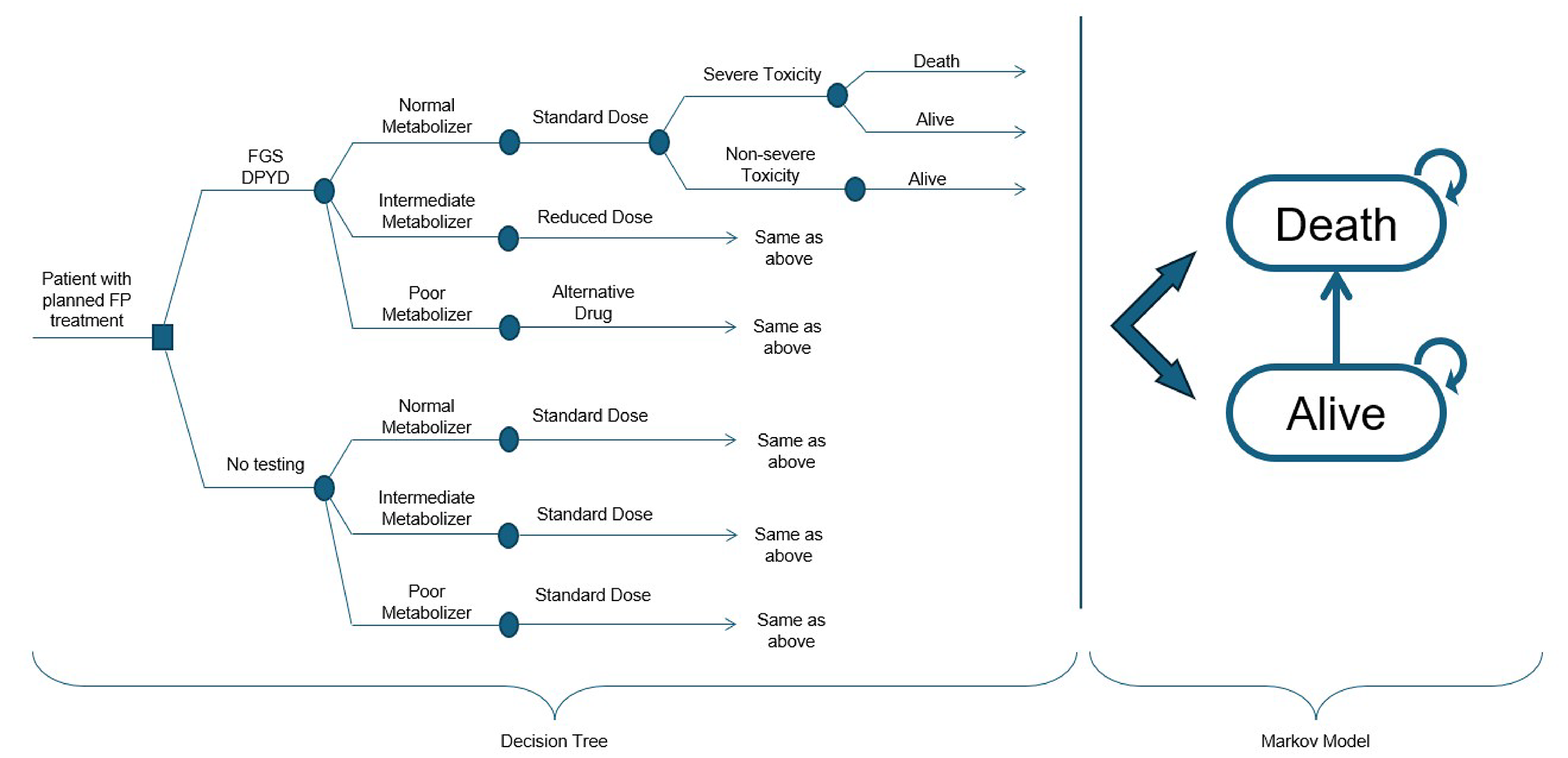 Figure showing the description of all possible events and pathways in the economic evaluation model, as described in the Model Structure section.