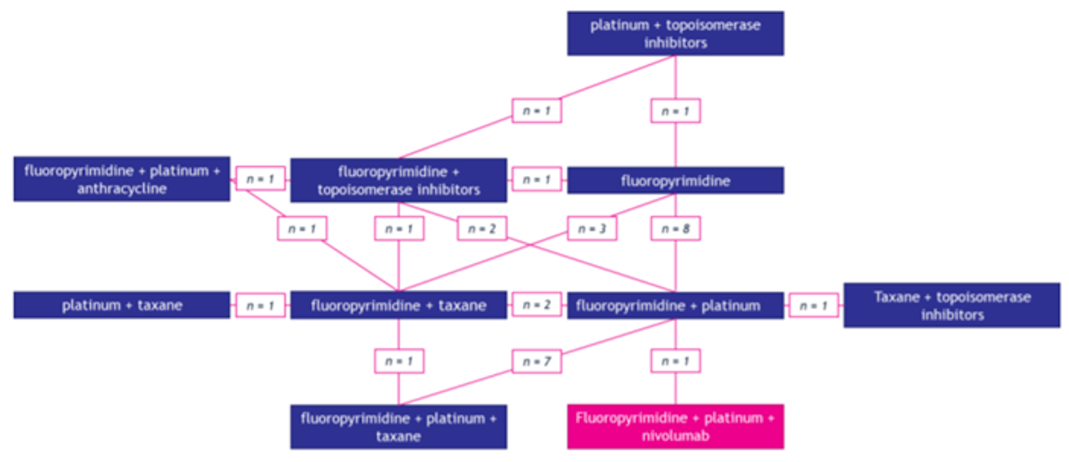 Network diagram of interventions included in the analysis for overall survival in the sponsor’s indirect treatment comparison.