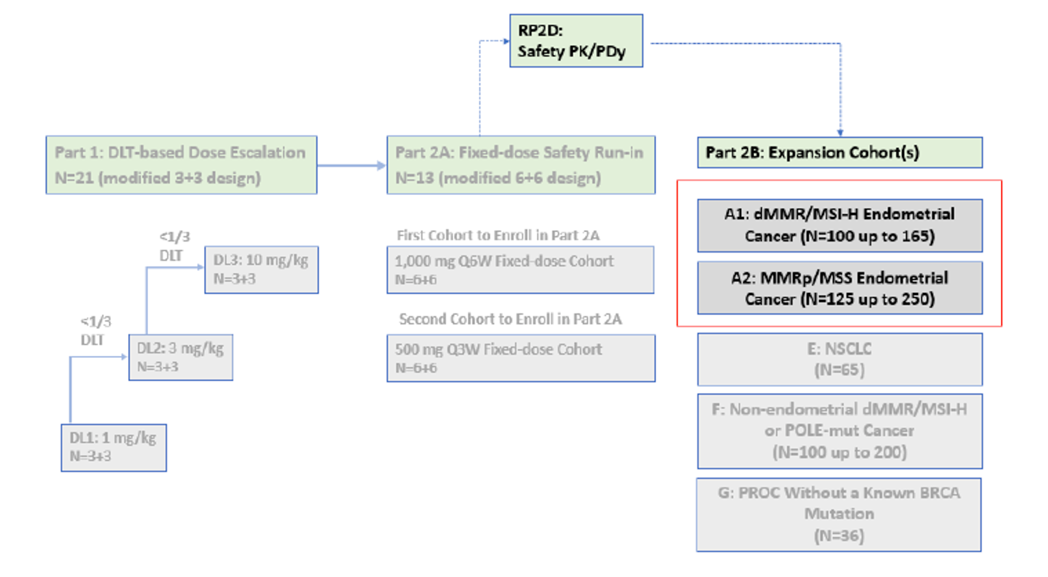 The study design flow of the pivotal trial. In part 2B, patients were randomized into either cohort A1 or cohort A2 depending on MMR and MSI status.