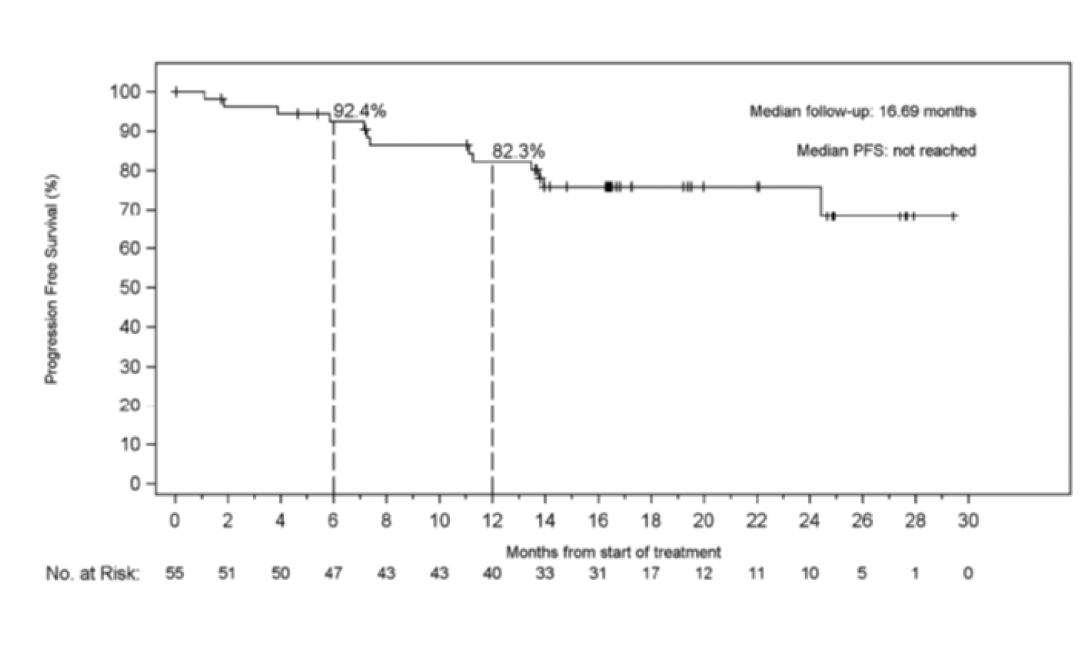 The figure depicts a Kaplan-Meier plot for PFS. Starting at 100% of patients, the progression-free survival rate goes downward to 92.4% at 6 months and 82.3% at 12 months. The 50% mark is not reached at 30 months of follow-up.