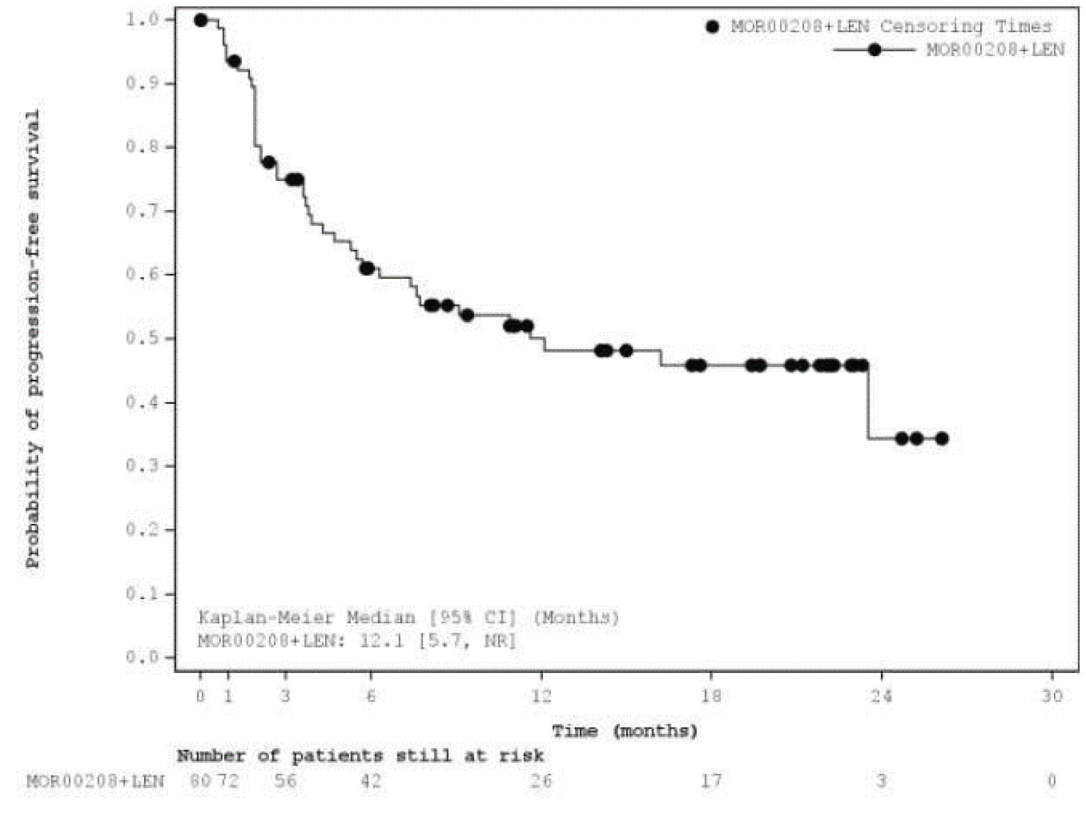 Kaplan–Meier curve of PFS from month 0, with 80 patients still at risk, until month 30, with 0 patients still at risk. The curve decreases until it plateaus at approximately 16 months.