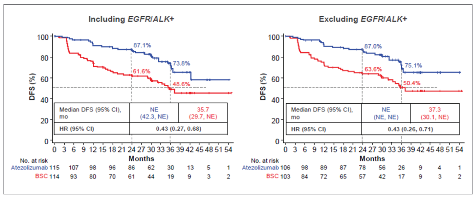 Two graph illustrating Kaplan-Meier curves of DFS in patients with stage II to IIIA NSCLC and PD-L1 in at least 50% of their tumour cells. The graph on the left includes patients with positive EGFR or ALK mutations and the graph on the right excludes patients with a positive EGFR or ALK mutation.