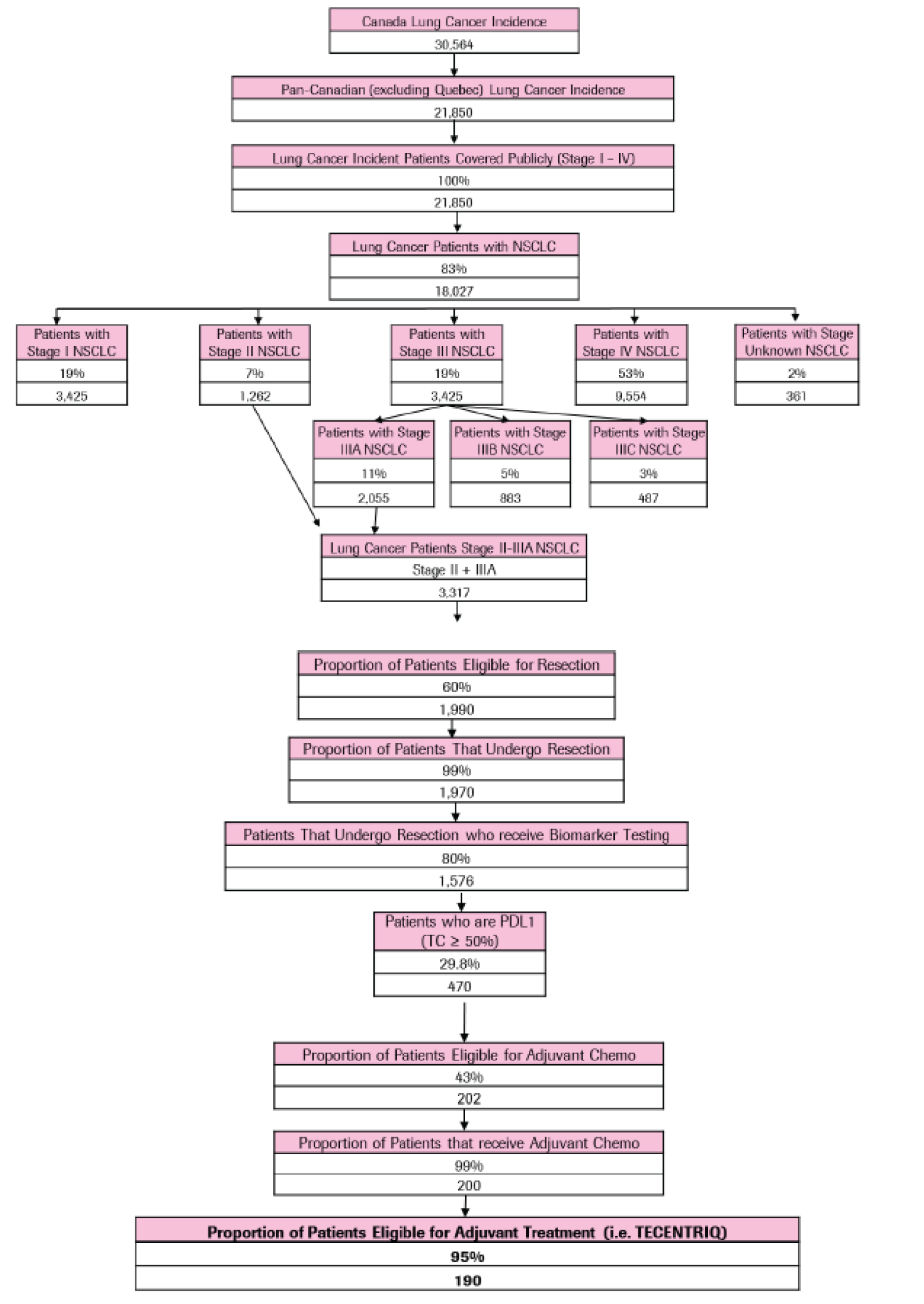 A flow diagram depicting how the sponsor determined their estimate of the eligible population size for the Health Canada indication, starting with lung cancer incidence and applying various epidemiological estimates and assumptions to derive the eligible patient population. Steps include determining the proportion of patients with NSCLC, the staging, proportion eligible for and undergoing resection, biomarker testing rates and incidence of PD-L1 TC greater than 50%, and receipt of adjuvant chemotherapy. All culminate in the proportion of patients eligible for treatment with atezolizumab for NSCLC in the adjuvant setting.