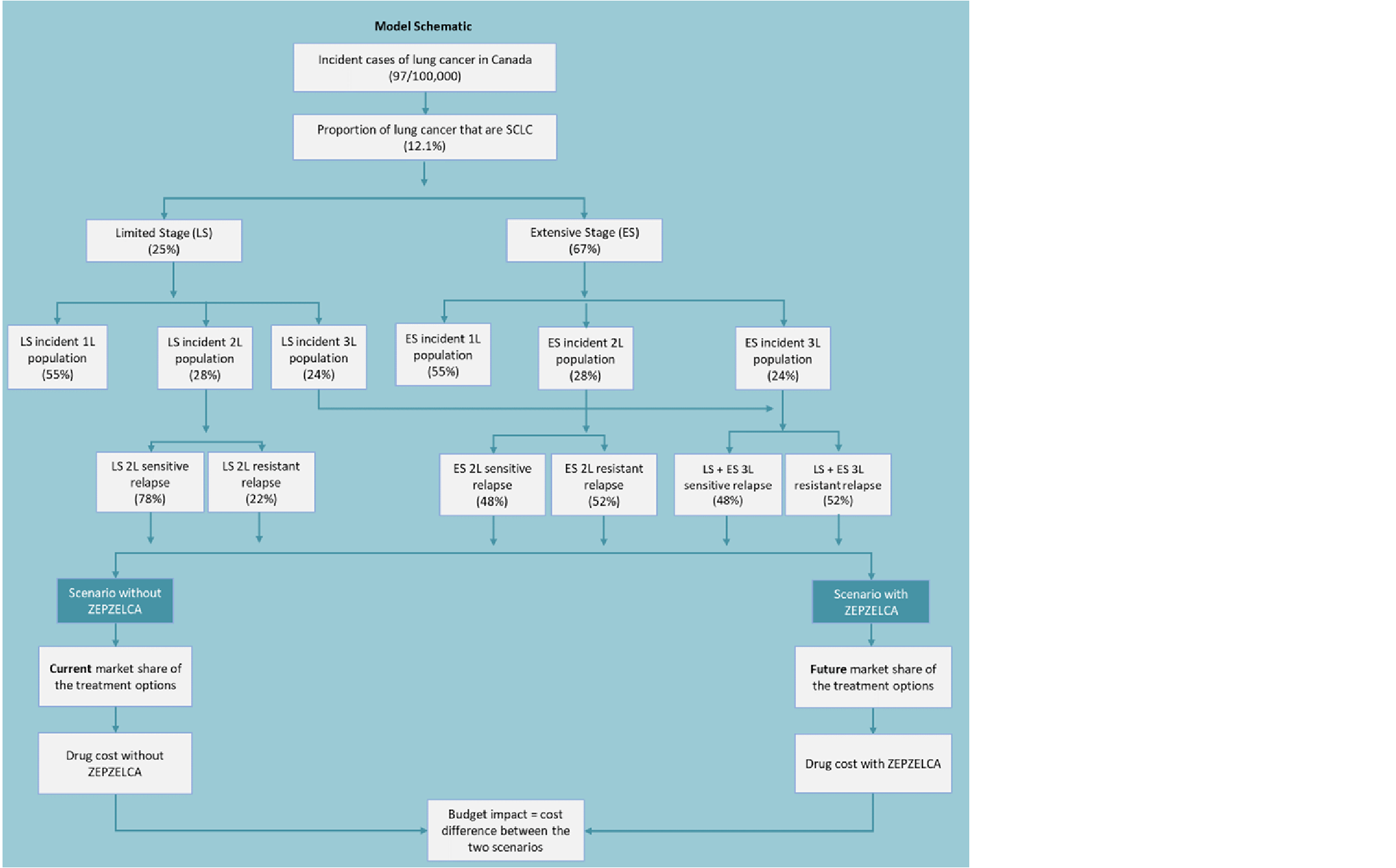 A flow diagram describing the selection of the eligible population and the calculation of budget impact for 2 scenarios: with lurbinectedin and without lurbinectedin. The flow chart begins with the incidence rate of lung cancer in Canada and the proportion that are SCLC, with arrows and boxes describing the proportion of the population at each eligibility criteria. The eligible patient population in each scenario is multiplied by the market share of all treatment options and then by the cost of lurbinectedin before arriving at the final budget impact (i.e., difference in cost between the 2 scenarios).