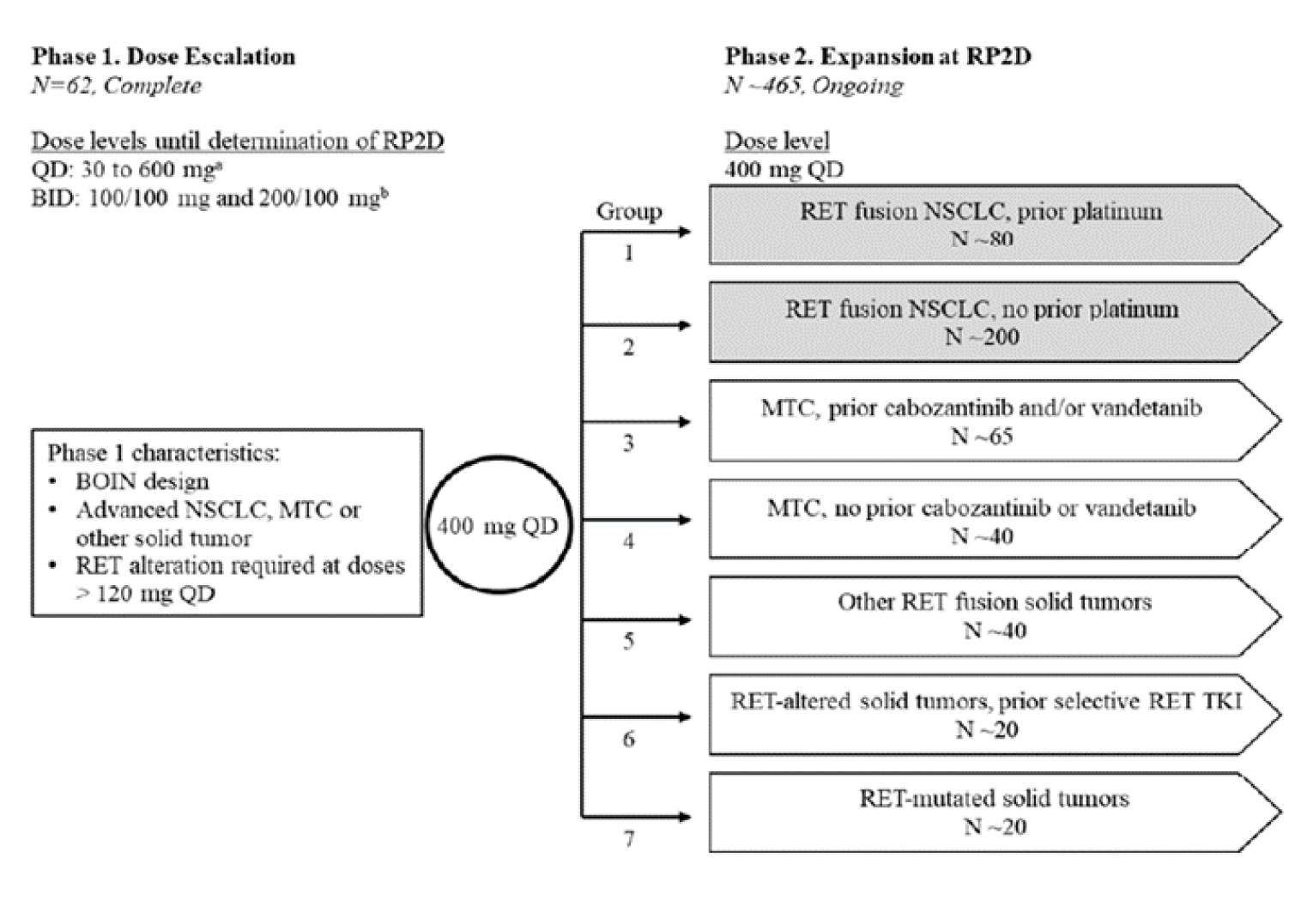 The figure shows the ARROW study schematic. Phase 1 (N = 65) consisted of a dose escalation phase where doses were escalated until the determination of the recommended phase 2 dose. QD was planned to be escalated from 30 to 600 mg and BID was escalated from 100/100 mg to 200/100 mg. Phase 2 (N = approximately 465, ongoing) was an expansion at using 400 mg QD, patients were split in 7 groups with the first group being RET fusion NSCLC, prior platinum (N = approximately 80) and the second group being RET fusion NSCLC, no prior platinum (N = approximately 200).