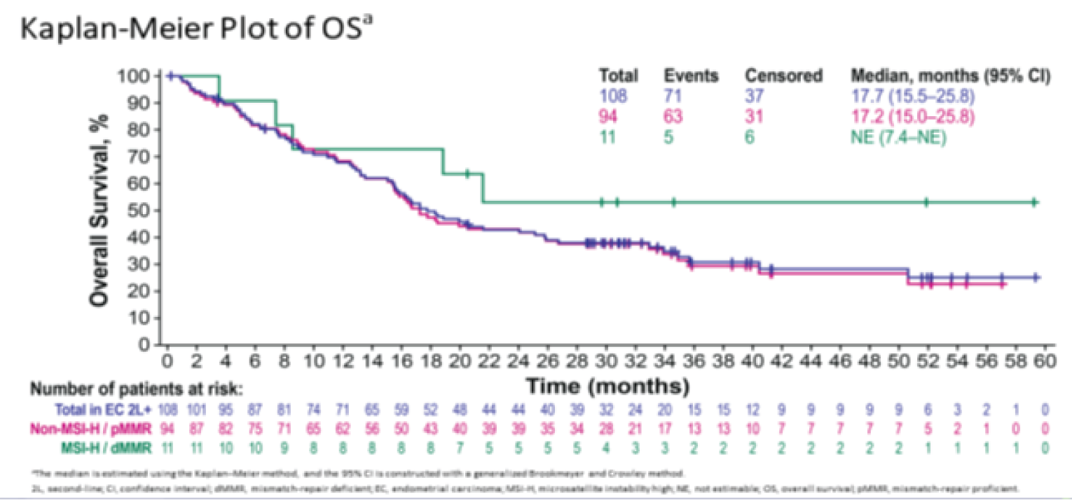 In the KEYNOTE-146 trial (pMMR population), The Kaplan-Meier analysis of OS was based on FAS population for efficacy analysis. the number of at-risk patients in PEM + LEN group at 0, 4, 8, 12, 16, 20, 24, 28, 32, 36, 40, 44, 48, 52, 56 and 60 months was 94, 82, 71, 62, 50, 40, 39, 34, 21, 13, 10, 7, 7, 5, 1, and 0, respectively