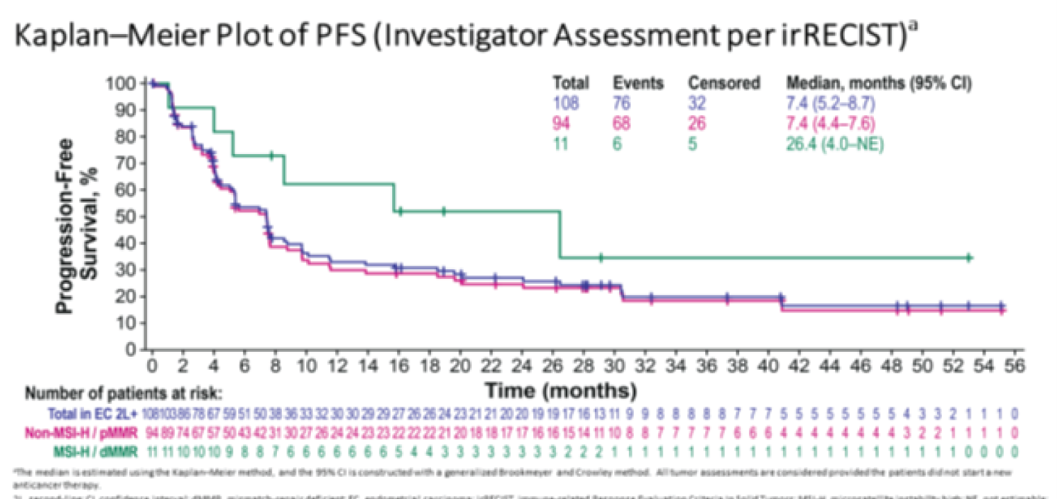 In the KEYNOTE-146 trial (pMMR population), the Kaplan-Meier analysis of PFS was based on FAS population for efficacy analysis. the number of at-risk patients in PEM + LEN group at 0, 4, 8, 12, 16, 20, 24, 28, 32, 36, 40, 44, 48, 52 and 56 months was 94, 57, 31, 24, 22, 20, 17, 14, 8, 7, 6, 4, 4, 1, and 0, respectively