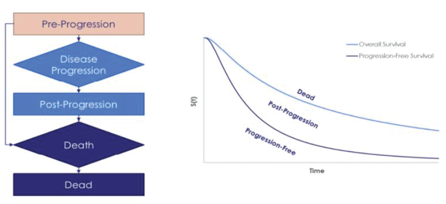 This is a diagram that describes a partitioned survival model. On the left, a flow chart describes how patients may move between preprogression, postprogression, and death states. On the right is a Kaplan–Meier plot graph showing hypothetical curves for the overall survival and progression-free survival.