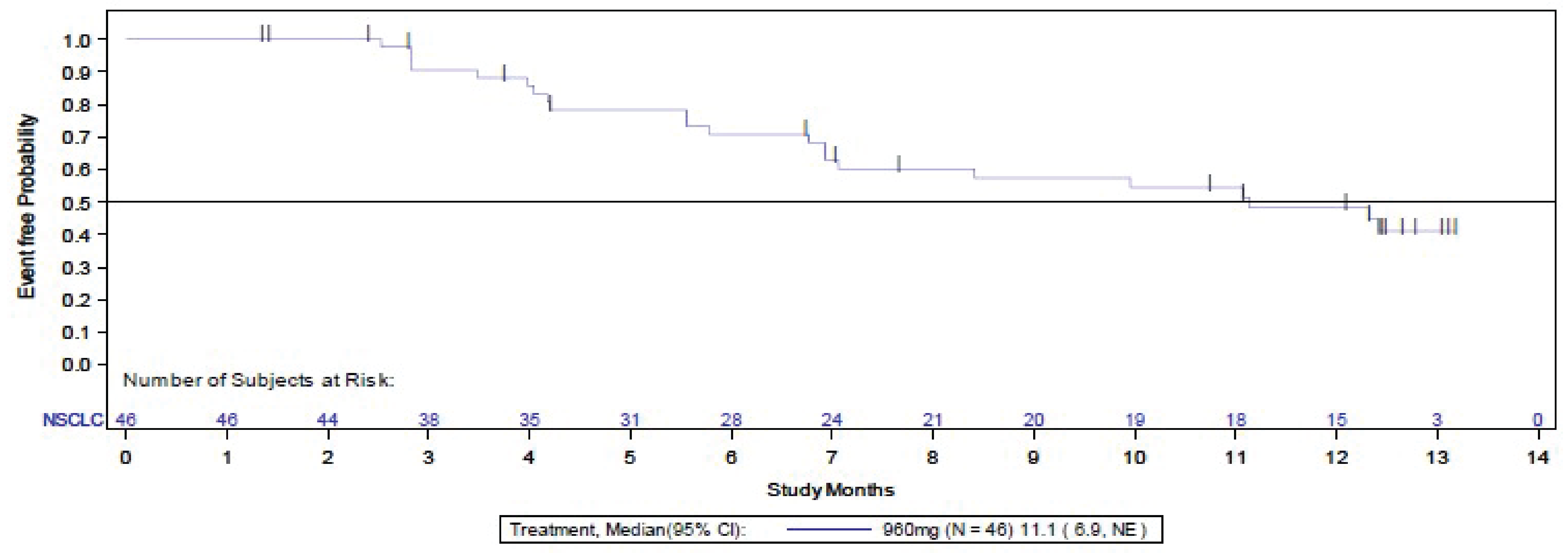 This figure presents the KM plot of DOR among patients with NSCLC. The vertical axis plots the event-free probability, and the horizontal axis plots time by months. Censoring is indicated by the vertical bars on the KM curve.