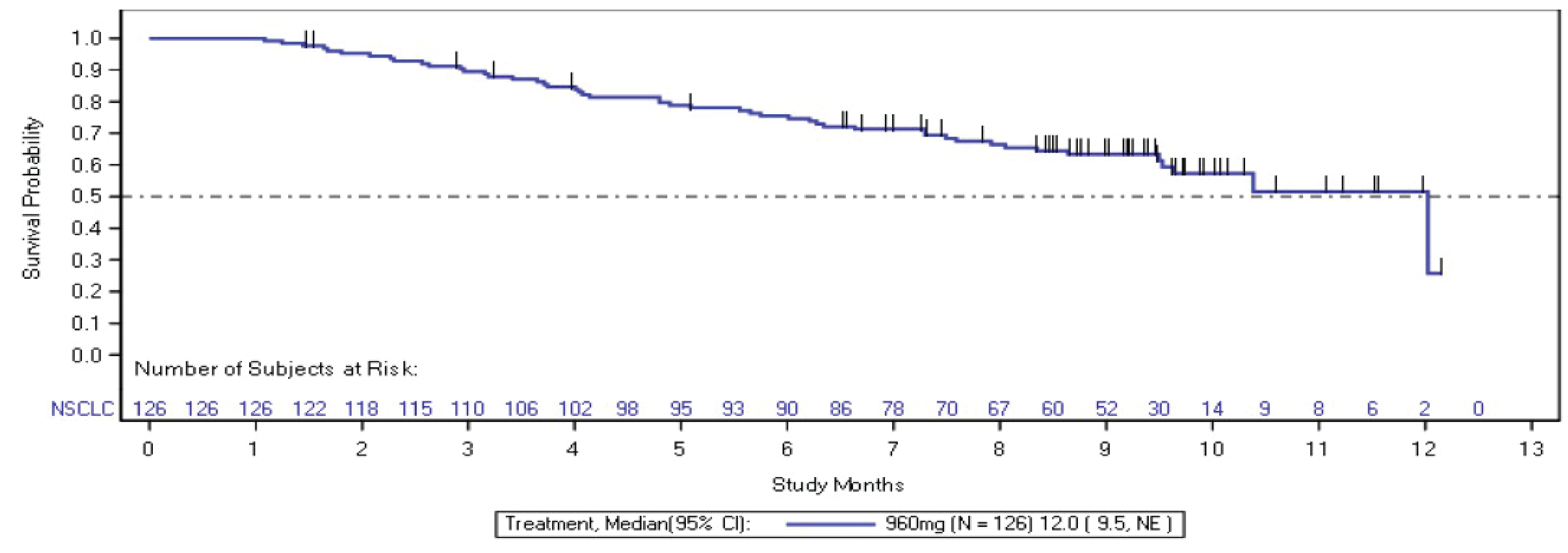 This figure presents the KM plot of OS among patients with NSCLC. The vertical axis plots the survival probability, and the horizontal axis plots time by months. Censoring is indicated by the vertical bars on the KM curve. The KM estimate of survival was 75.5% (95% CI, 66.8% to 82.2%) at 6 months and 51.6% (95% CI, 36.7% to 64.5%) at 12 months.