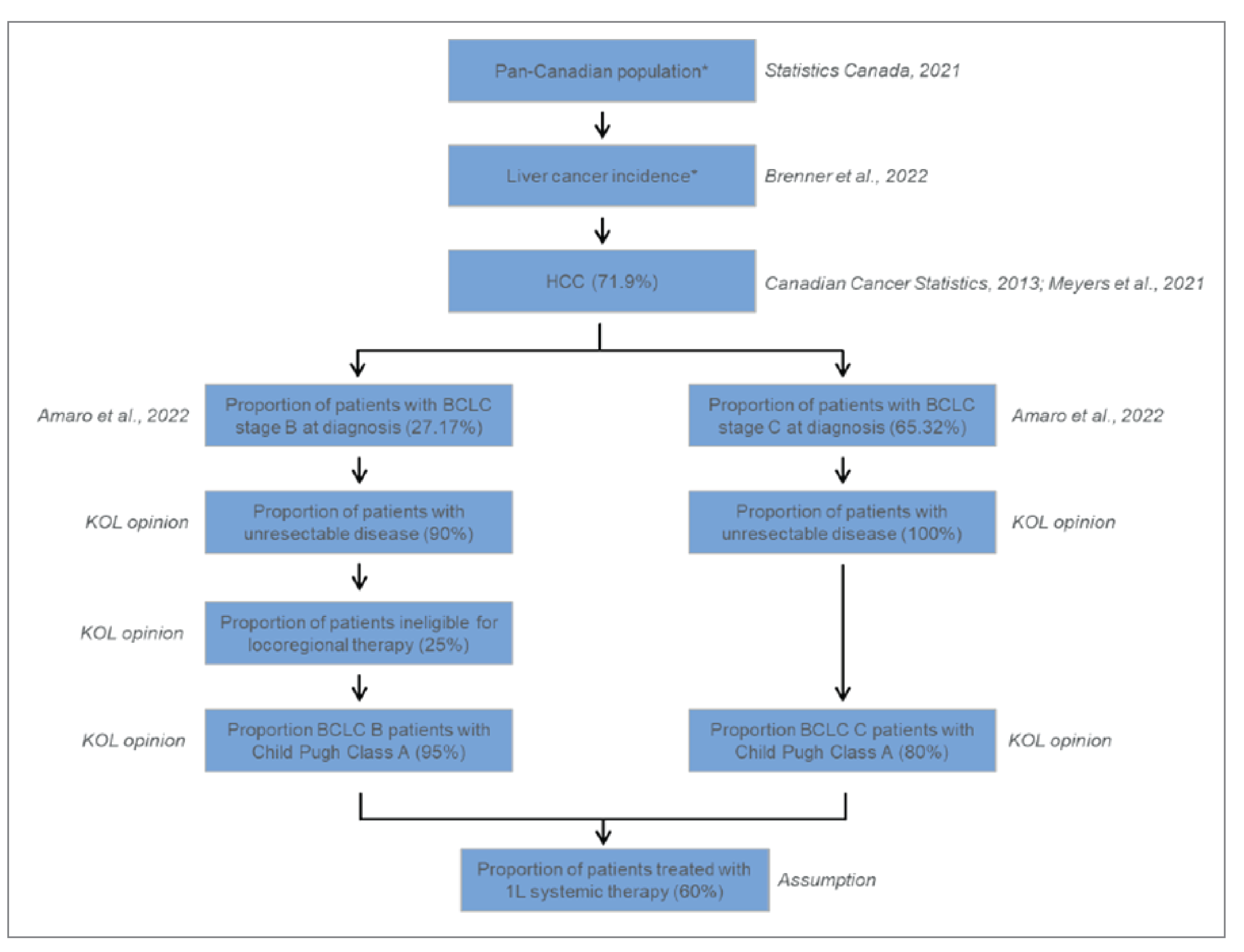 Flow chart starting with pan-Canadian population, which is then filtered by liver cancer incidence, then by HCC (71.9%). The chart then splits into 2, with the left side starting with the proportion of patients with BCLC stage B at diagnosis (27.17%) then filtered by the proportion of patients with unresectable disease (90%), then by the proportion of patients ineligible for locoregional therapy (25%), and then by the proportion of BCLC B patients who are Child Pugh Class A (95%). The right side starts with the proportion of patients with HCC who are diagnosed with BCLC stage C (65.32%), then by the proportion of patients with unresectable disease (100%), then by the proportion of BCLC C patients with Child Pugh Class A (80%). Both sides then come together and are filtered by the proportion of patients treated with 1L systemic therapy (60%).