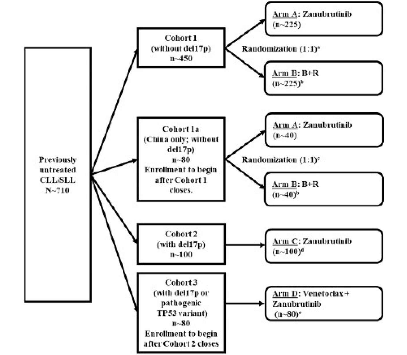 The SEQUOIA trial included 4 cohorts: cohorts 1, 1a, 2, and 3. Cohort 1 included patients without 17p deletion. Cohort 1a was conducted in China and included patients without 17p deletion. Cohort 2 included patients with 17p deletion. Cohort 3 was ongoing at the data cut-off date and included patients with 17p deletion or a pathogenic TP53 variant.