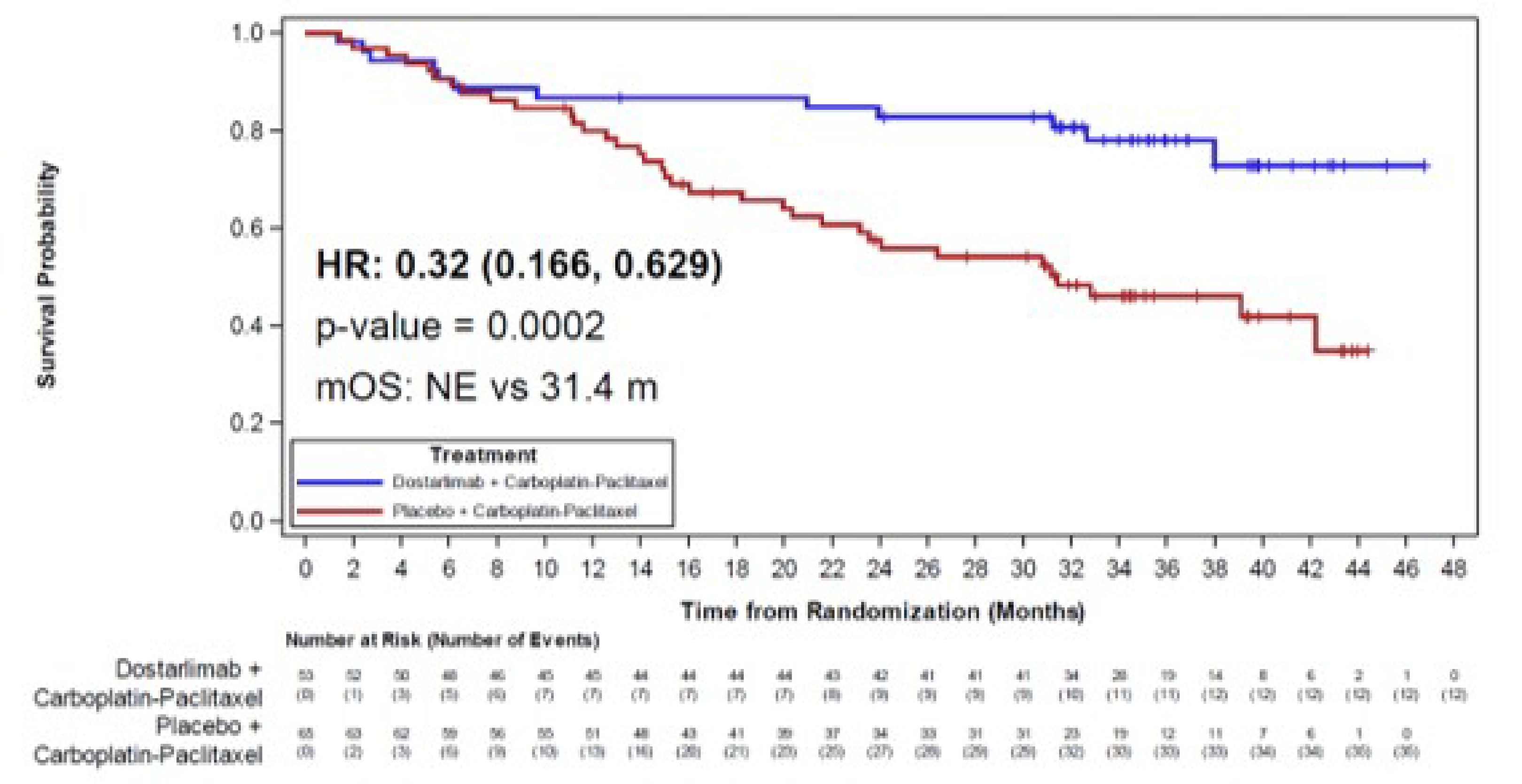 The Kaplan-Meier curves of OS in the dMMR or MSI-H population showed early crossover during treatment with separation at about 7 months after randomization between dostarlimab plus carboplatin-paclitaxel (blue), compared with placebo plus carboplatin-paclitaxel (red). Median OS was not reached after [redacted] months and [redacted] months of follow-up in the dostarlimab plus carboplatin-paclitaxel and placebo plus carboplatin-paclitaxel groups, respectively.