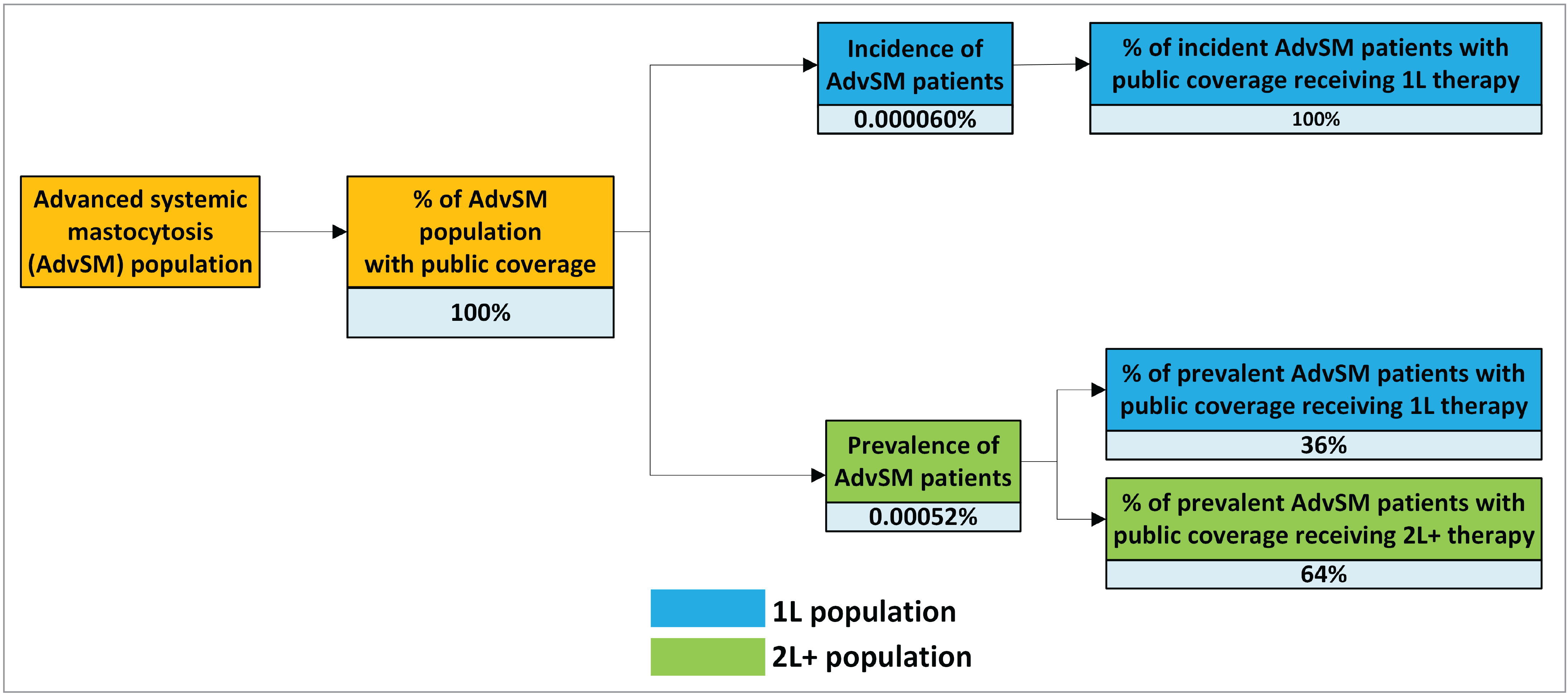 A flow chart describing the process by which the population size is estimated. It starts with all patients who have advanced systemic mastocytosis and separates by proportion with public coverage, incidence and prevalence, and line of therapy.