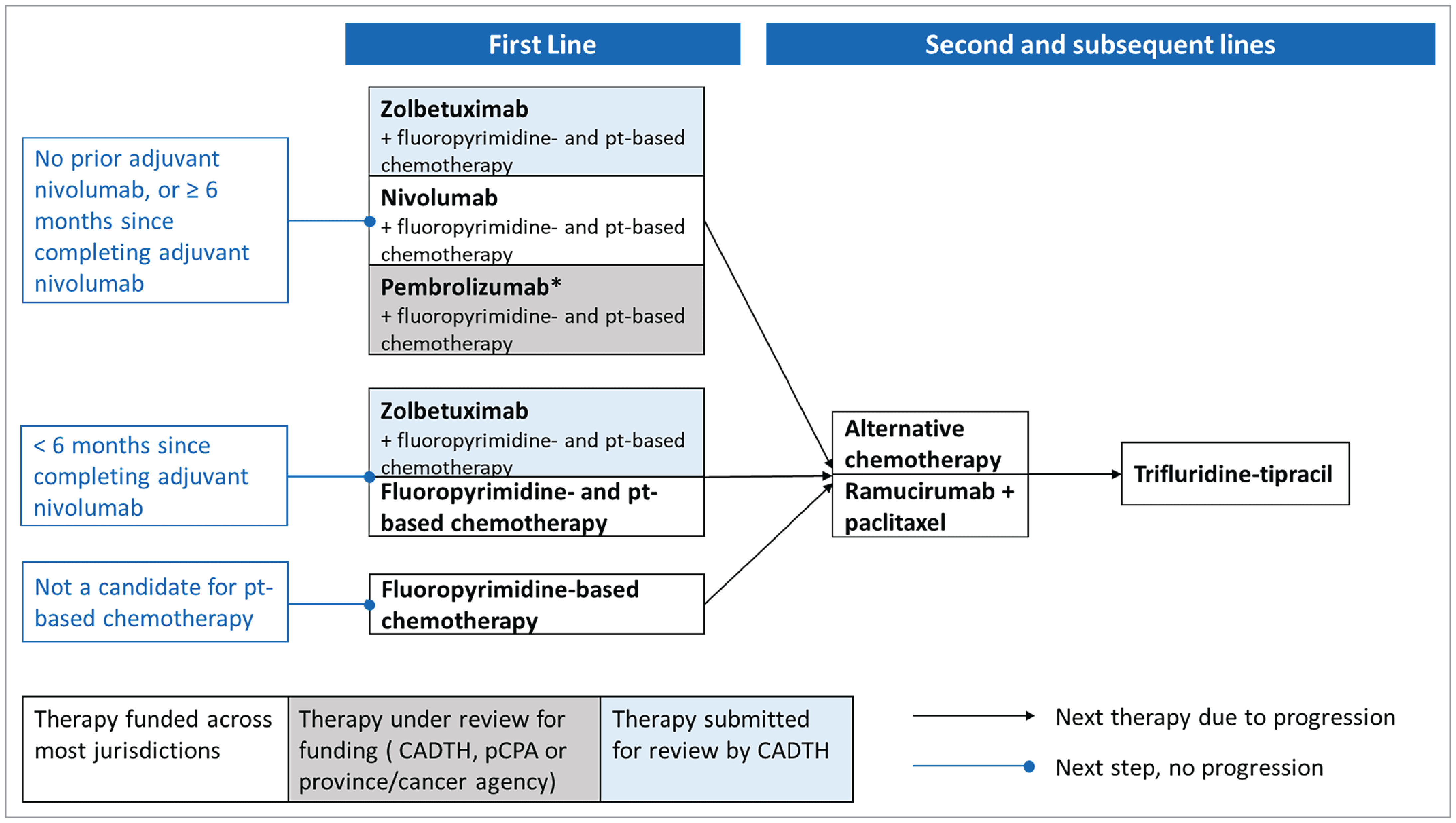 Figure shows the sponsor’s proposed place in therapy for zolbetuximab in combination with fluoropyrimidine- and platinum-containing chemotherapy for the first-line treatment of patients with locally advanced unresectable or metastatic human epidermal growth factor receptor 2–negative gastric or gastroesophageal junction adenocarcinoma.