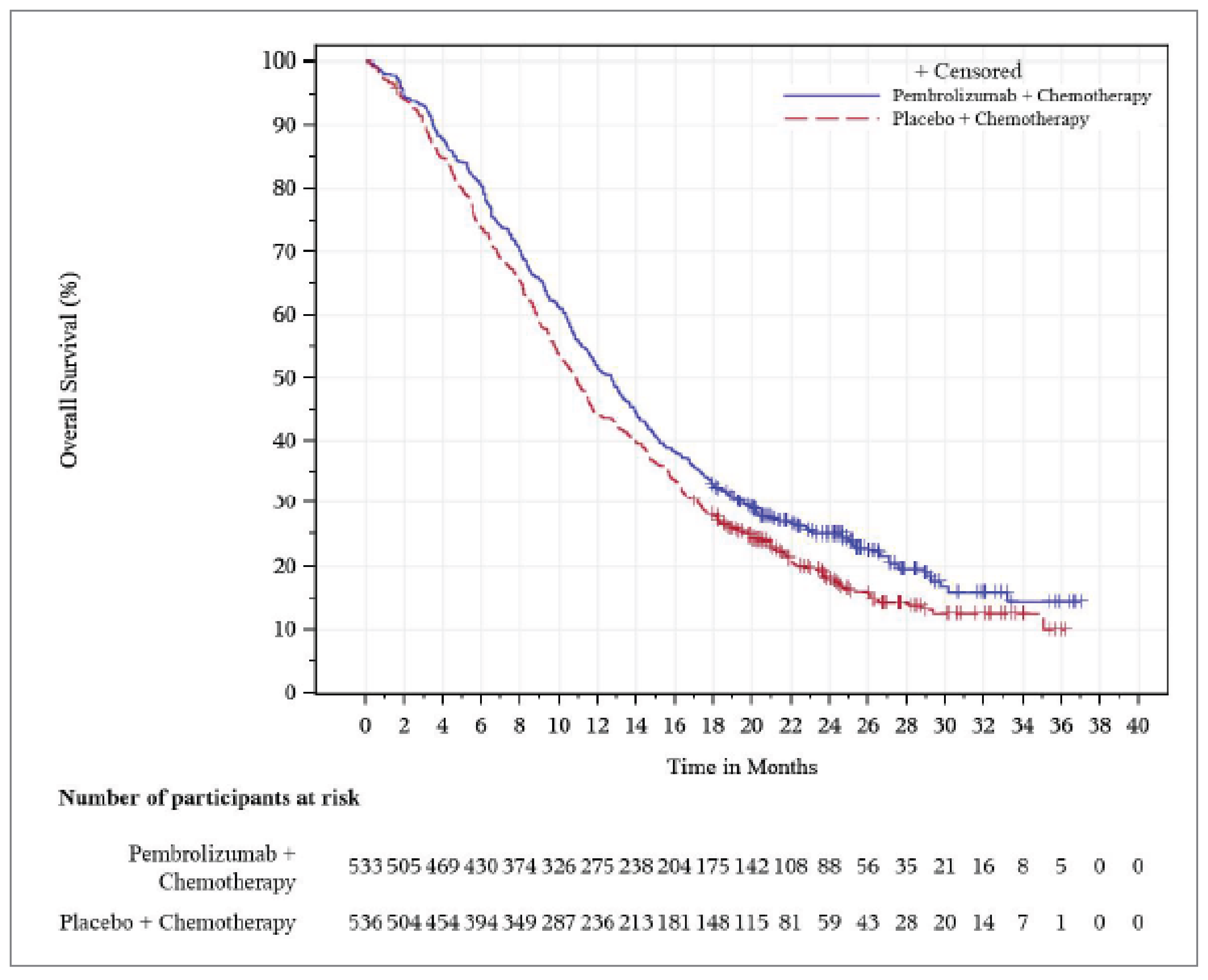 At final analysis, the Kaplan-Meier curves of OS showed separation at approximately 2 months, and this was maintained during follow-up, favouring pembrolizumab plus chemotherapy versus placebo plus chemotherapy.