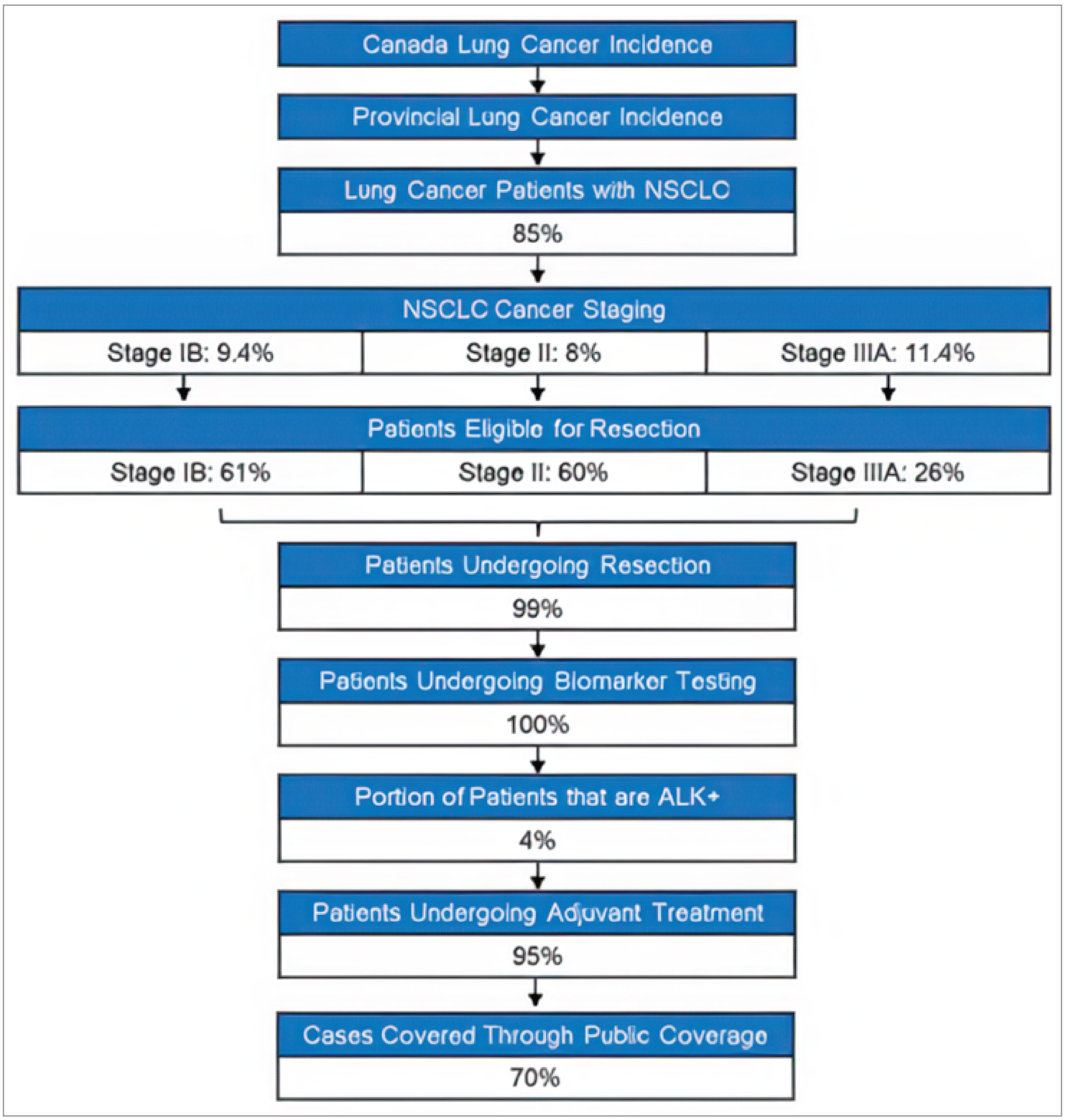 Figure 2 illustrates the treatment pathway for lung cancer patients in Canada, focusing on those diagnosed with NSCLC. Among all lung cancer cases, 85% are identified as NSCLC. These cases are further categorized by cancer stage: 9.4% are stage IB, 8% are stage II, and 11.4% are stage IIIA. The eligibility for surgical resection varies by stage, with 61% of stage IB, 60% of stage II, and 26% of stage IIIA patients being eligible. Of those eligible, 99% undergo surgical resection. Following surgery, 100% of patients undergo biomarker testing, and 4% are found to be ALK-positive. Among those diagnosed, 95% receive adjuvant treatment. Finally, 70% of cases are covered through public health care. This pathway provides a comprehensive view of the clinical journey from diagnosis to treatment and coverage for NSCLC patients in Canada.
