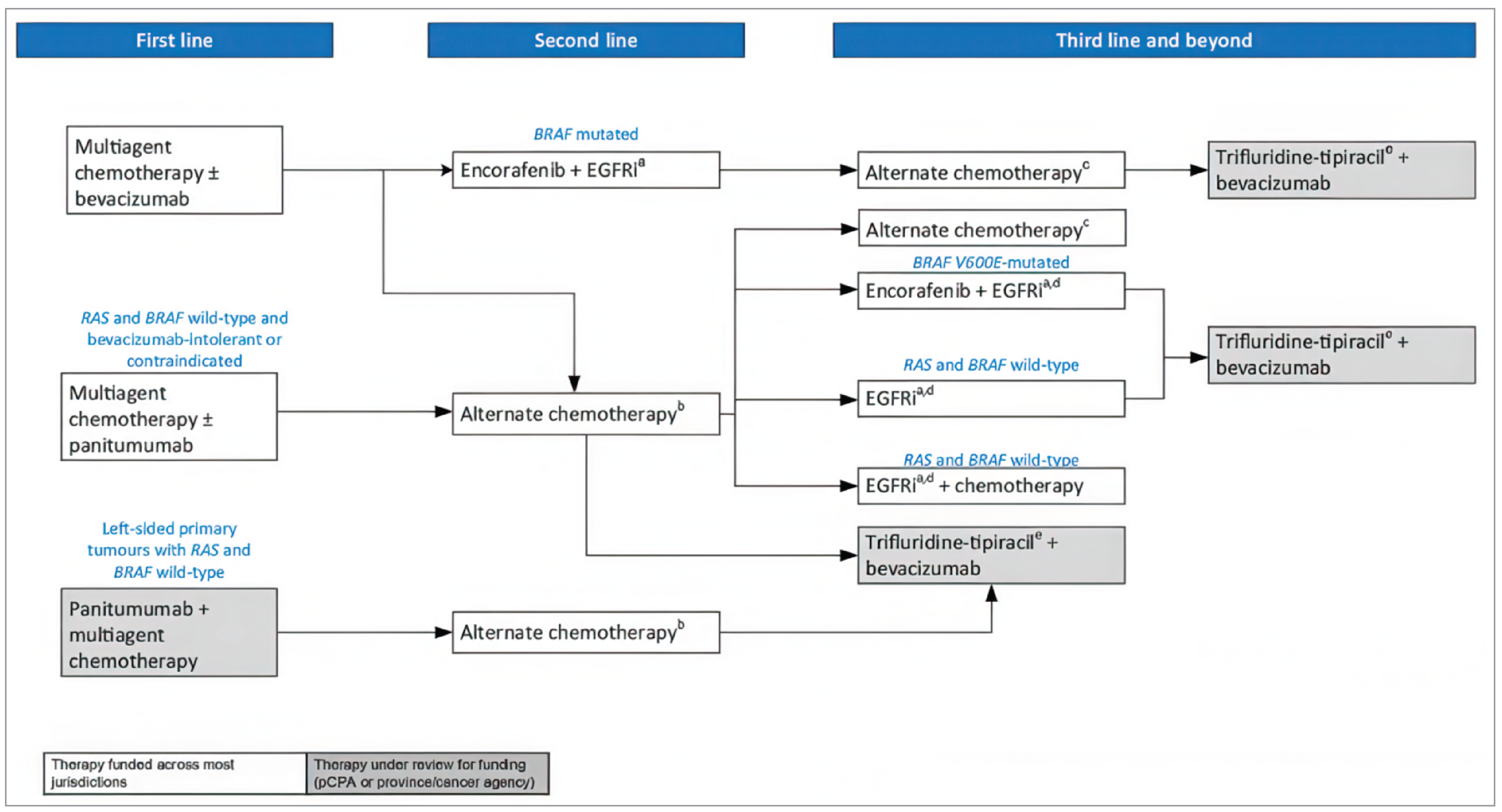 Overall treatment or funding algorithm for patients with MSI-L, MSS, pMMR mCRC from the first-line setting to fourth-line setting and beyond.