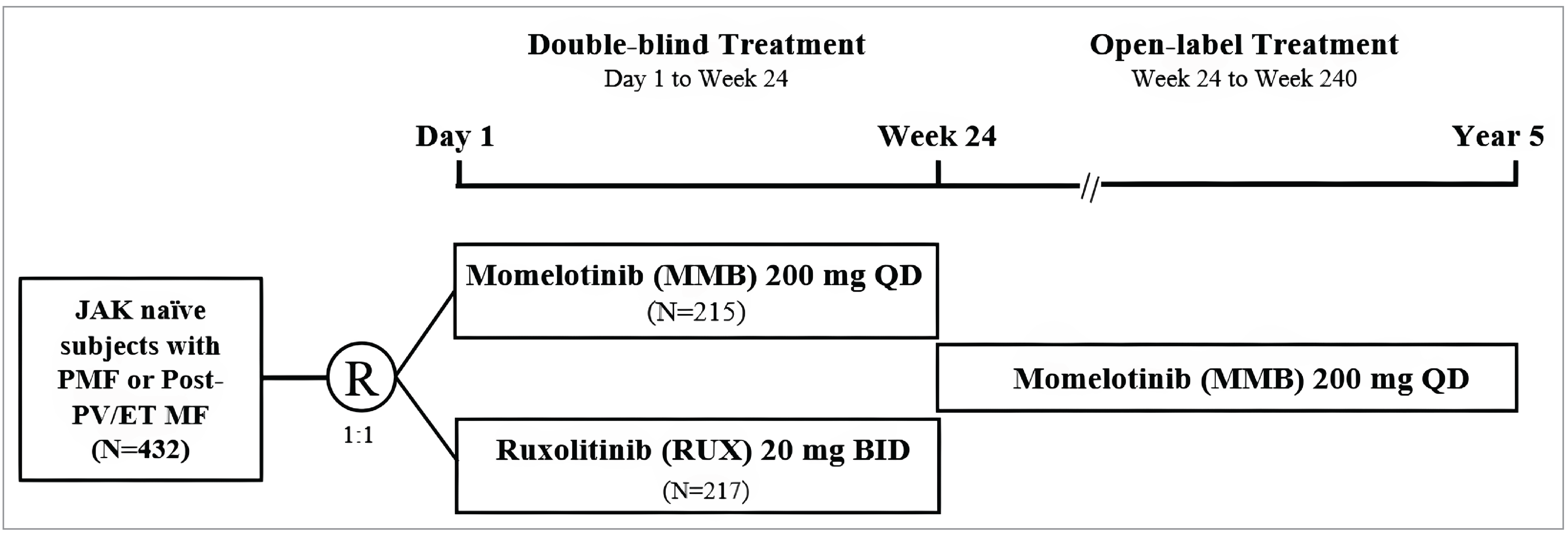 Schematic of the SIMPLIFY-1 clinical‑trial design. A left‑hand box reads “JAK‑naïve subjects with PMF or Post‑PV/ET&nbsp;MF (N&nbsp;=&nbsp;432).” An arrow leads to a circle labelled “R” (randomization) with “1:1” beneath it, splitting into 2 horizontal bars for the 24‑week double‑blind phase (day&nbsp;1&nbsp;to&nbsp;week&nbsp;24). A top bar read “Momelotinib 200&nbsp;mg QD (N&nbsp;=&nbsp;215).” The bottom bar read “Ruxolitinib 20&nbsp;mg BID (N&nbsp;=&nbsp;217).” At week&nbsp;24 a vertical tick marks the start of the open‑label extension (week&nbsp;24&nbsp;to&nbsp;week&nbsp;240, year&nbsp;5). After a short break symbol, a single bar continues to the right, labelled “Momelotinib 200&nbsp;mg QD,” indicating that all participants receive momelotinib during the extension.