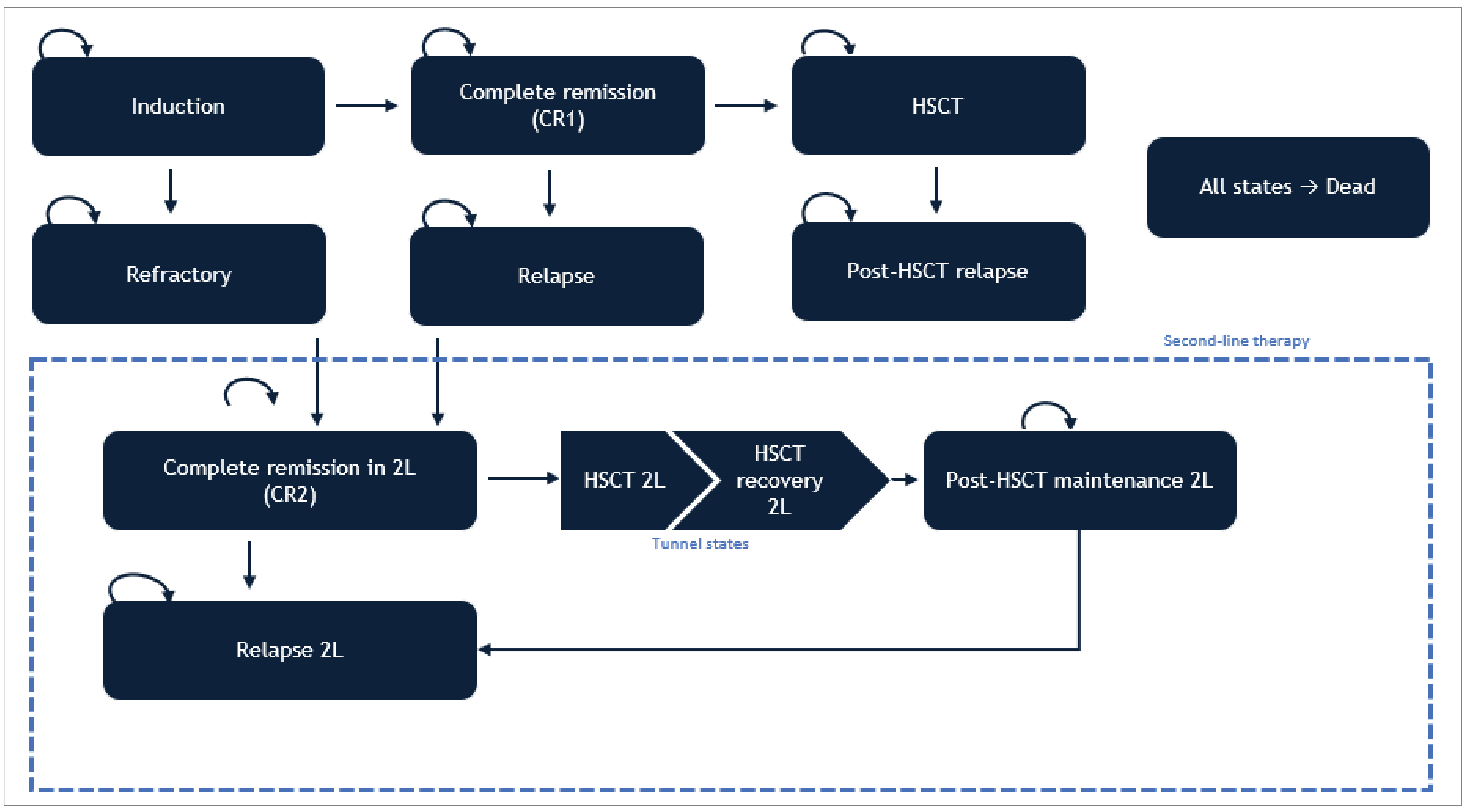 The figure represents how patient move between health states in the sponsor-submitted model. Each rectangle represents a health state, and arrows indicate how patients can move between states.