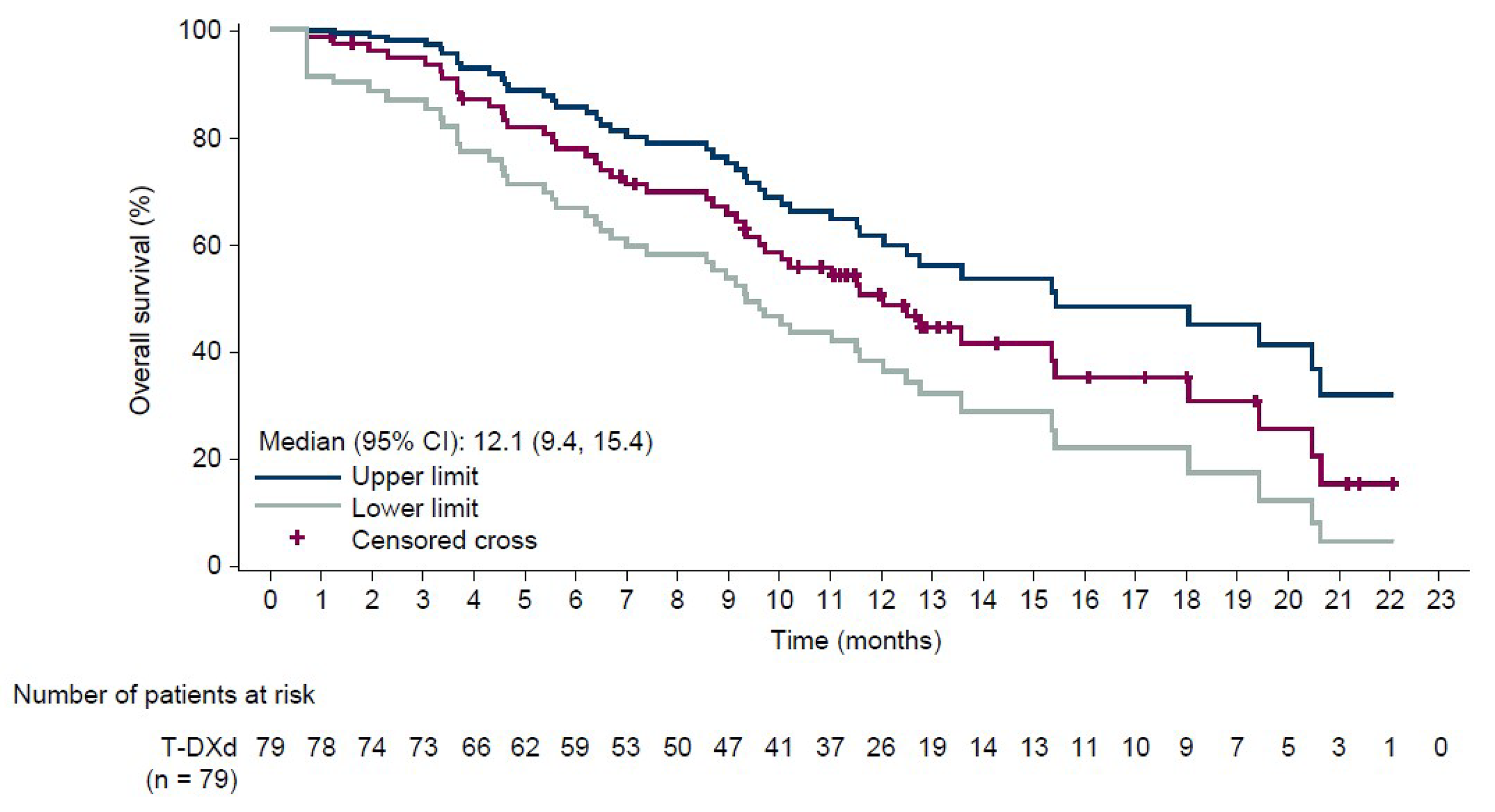 Kaplan-Meier plots of OS in the FAS of the DESTINY-Gastric02 trial as of the data cut-off date of November&nbsp;8, 2021. The vertical axis plots the survival probability, and the horizontal axis plots time by months. The median OS was 12.1 months (95% CI, 9.4 months to 15.4 months). The probabilities of being alive were 77.8% (95% CI, 66.8% to 85.6%) at 6 months, 50.6% (95% CI, 38.4% to 61.5%) at 12 months, and 35.1% (95% CI, 22.1% to 48.4%) at 18 months.