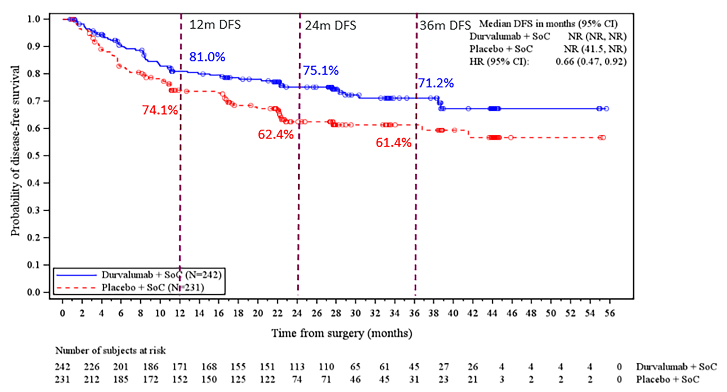 This graph shows that the perioperative durvalumab with neoadjuvant chemotherapy and placebo with neoadjuvant chemotherapy DFS curves separated at approximately 3 months after surgery through the remainder of follow-up. At 12 months, 24 months, and 36 months after surgery, the probability of being alive and disease-free was 81.0% (95% CIs are not reported in the figure), 75.1%, and 71.2%, respectively, for the perioperative durvalumab with neoadjuvant chemotherapy arm versus 74.1%, 62.4%, and 61.4%, respectively, in the placebo with neoadjuvant chemotherapy arm.