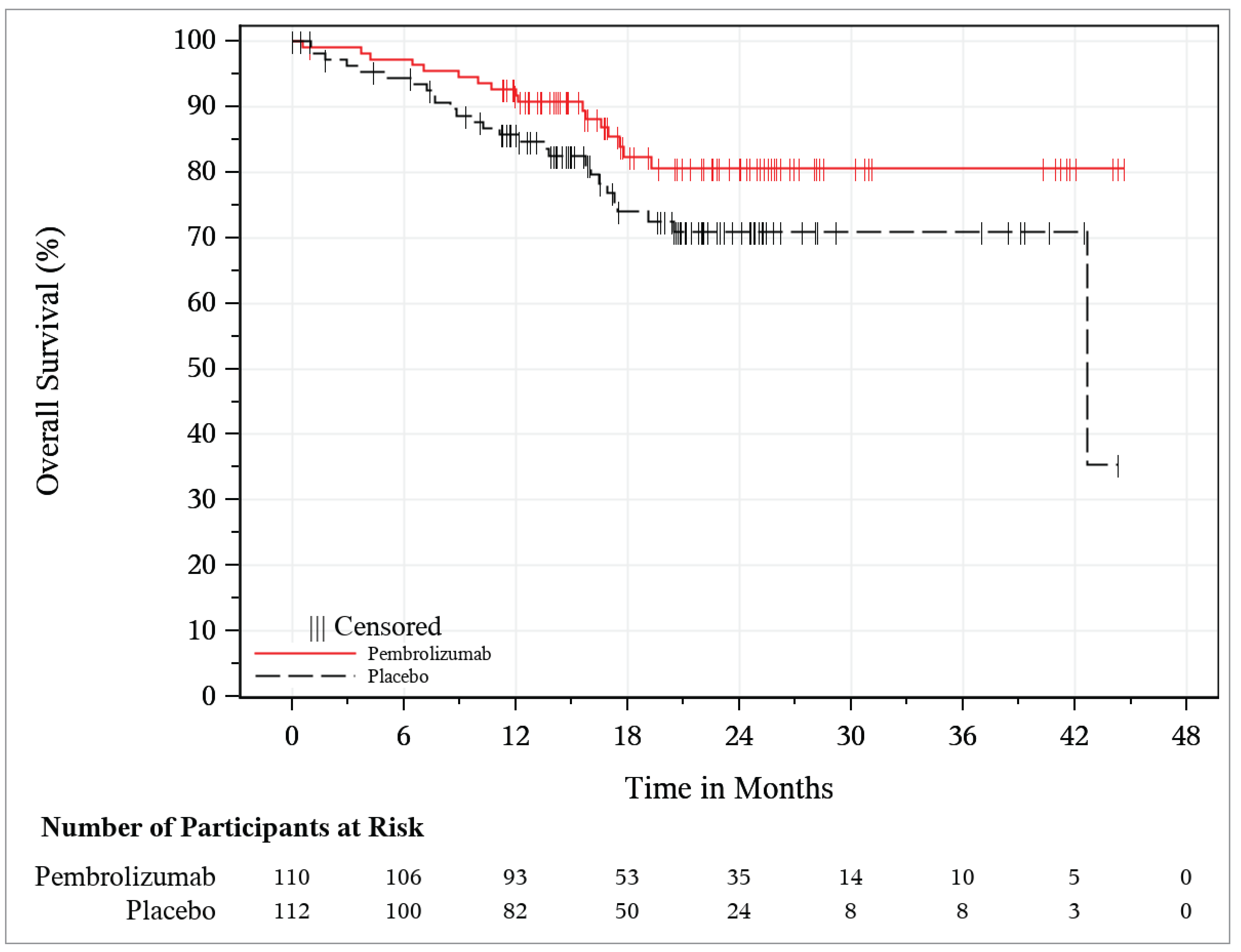 The KM curves separate early in follow-up and remain separated thereafter in favour of pembrolizumab plus carboplatin-paclitaxel. There are few patients left at risk after 30 months.