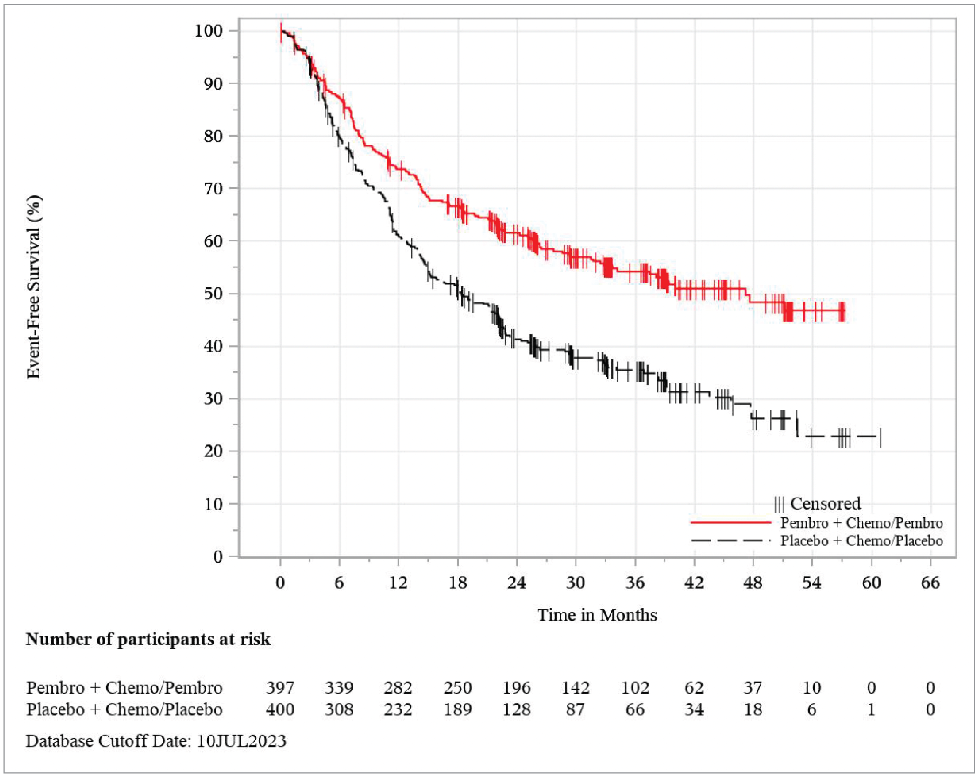 A Kaplan-Meier plot showing that the pembrolizumab arm curve separated from the placebo arm curve at approximately month 5 and remained separated over time.