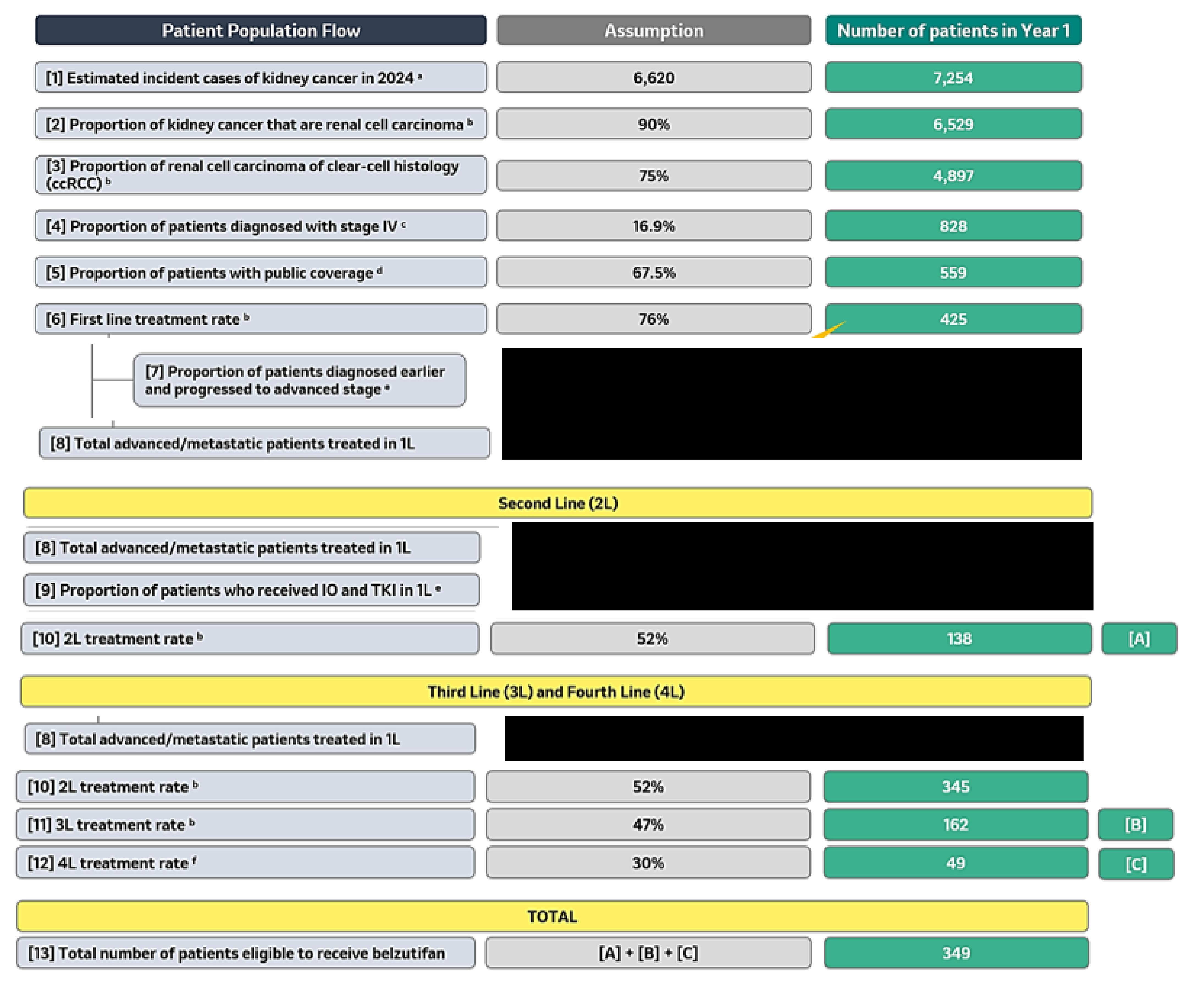 This figure illustrates the sponsor’s estimation of the size of the eligible population. Beginning with the number of incident cases of kidney cancer in 2024, further attritions are applied in the form of proportion of renal cell carcinoma, proportion of those with clear-cell histology, stage IV diagnosis, public coverage, and the treatment rate in first line. Further attritions are applied to estimate the number of patients treated in second line, and third- or fourth-line treatment. The sum of all patients receiving treatment in all lines of treatment are the estimated total number of eligible patients.