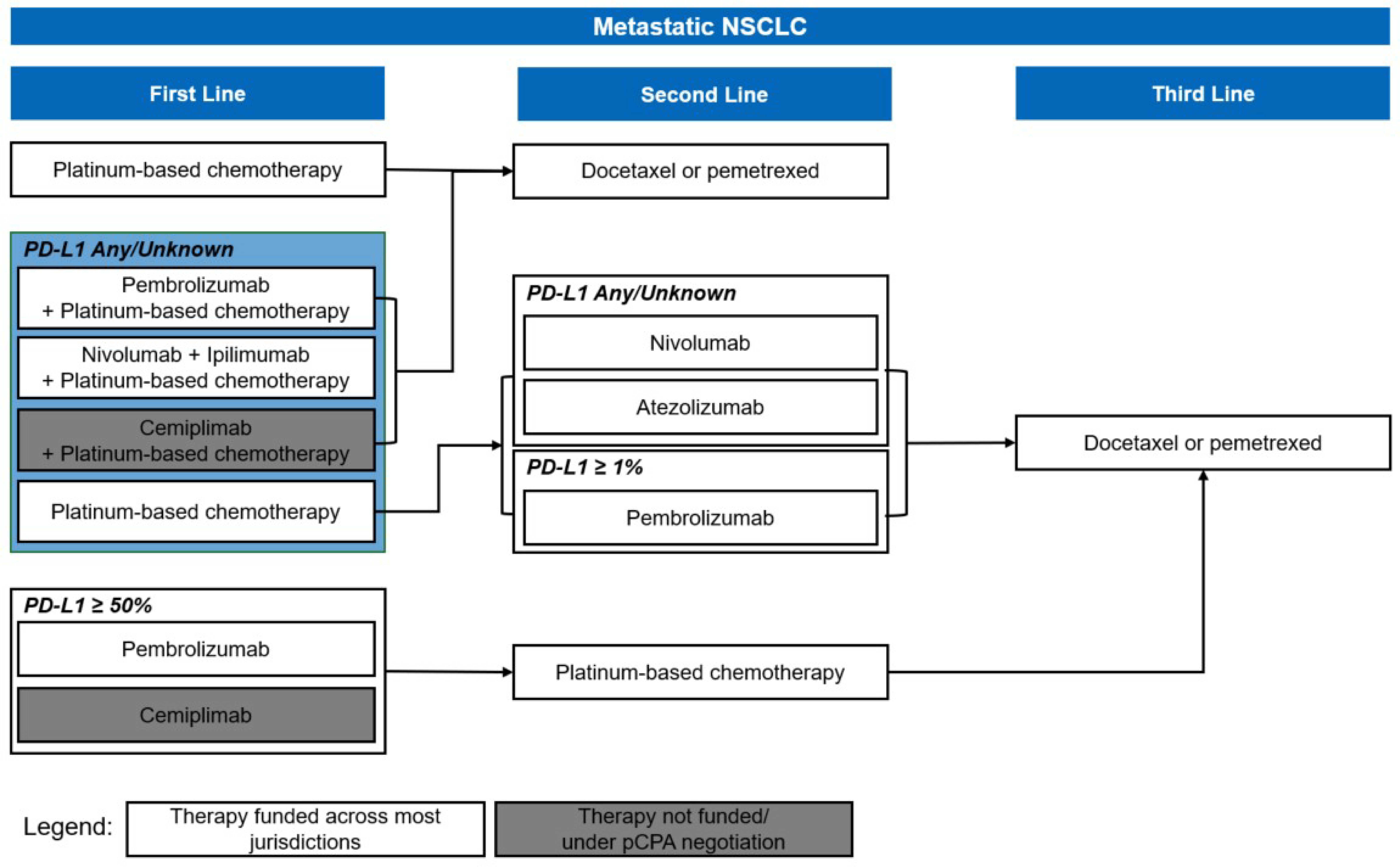 Figure 1 shows the treatment algorithm for first-line, second-line, and third-line treatment of metastatic NSCLC without targetable genomic alterations, including treatment options based on PD-L1 status and current funding.
