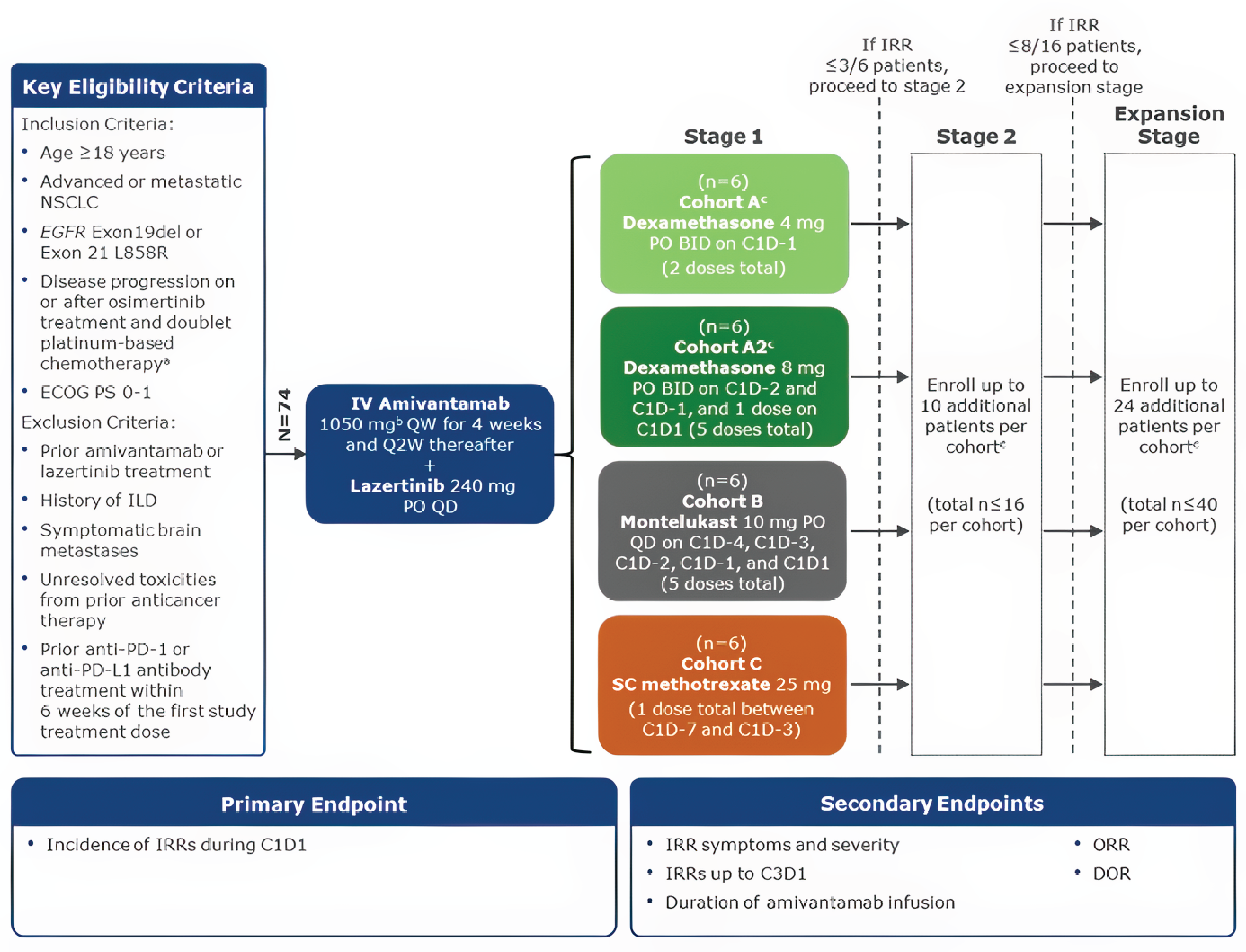 This flow chart describes the SKIPPirr study design, including key eligibility criteria and information regarding background anticancer and study drug regimens, as well as criteria for proceeding to subsequent stages of the study.