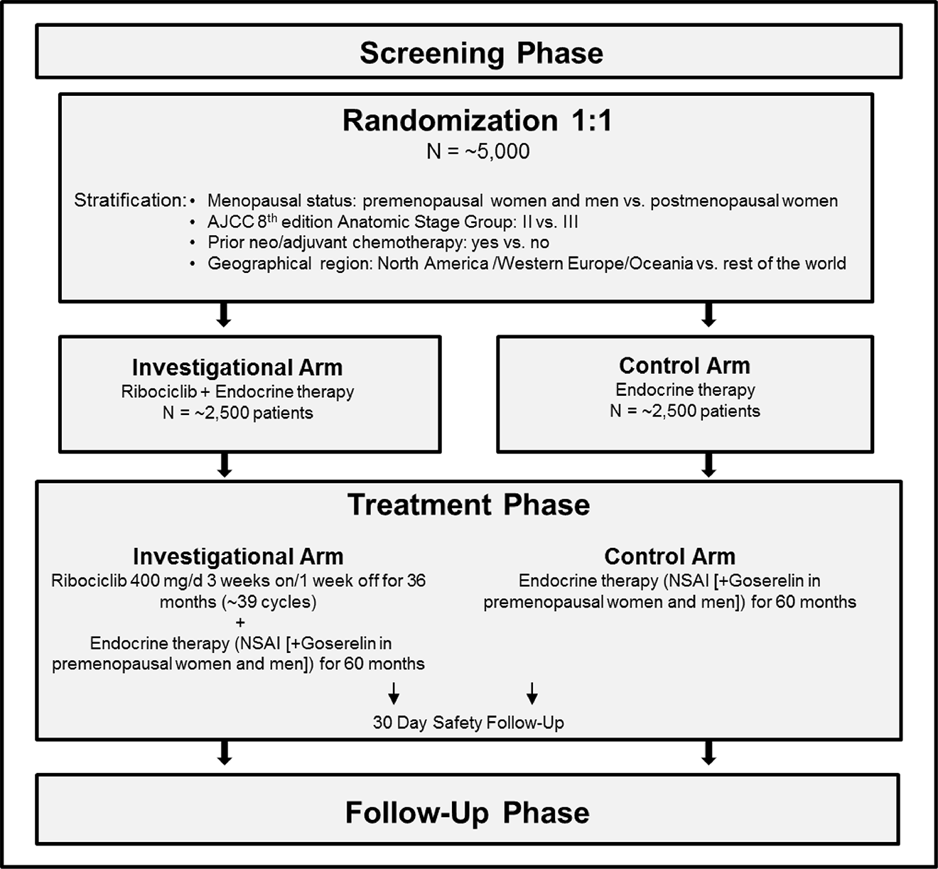 The NATALEE trial consisted of 3 phases: screening, treatment, and follow-up. In the screening phase, patients were screened for eligibility, confirmed by the investigator within 28 days before randomization. The treatment phase consisted of 28-day treatment cycles for up to 60&nbsp;months plus 30 days of safety follow-up. Patients in the ribociclib plus aromatase inhibitor (AI) group received ribociclib plus AI for up to 36&nbsp;months, patients in the AI alone group received either AI if they were postmenopausal women, or AI plus goserelin if they were premenopausal women and men. In both groups, patients received estrogen therapy for up to 60&nbsp;months. Patients entered the follow-up phase after the 30-day safety follow-up visit.