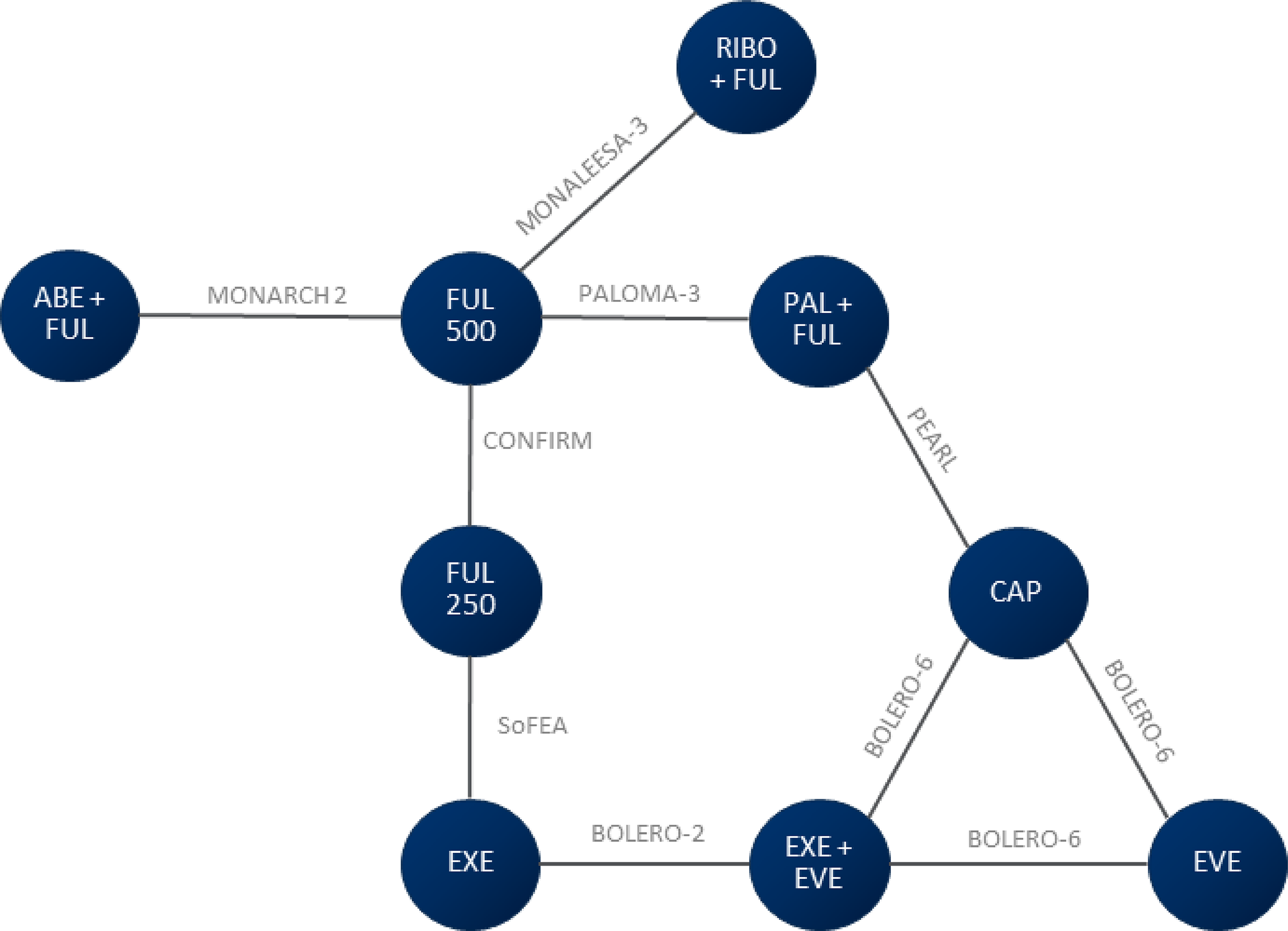 Network of the different comparator arms and studies is presented with fulvestrant 500 mg at the centre of the network.