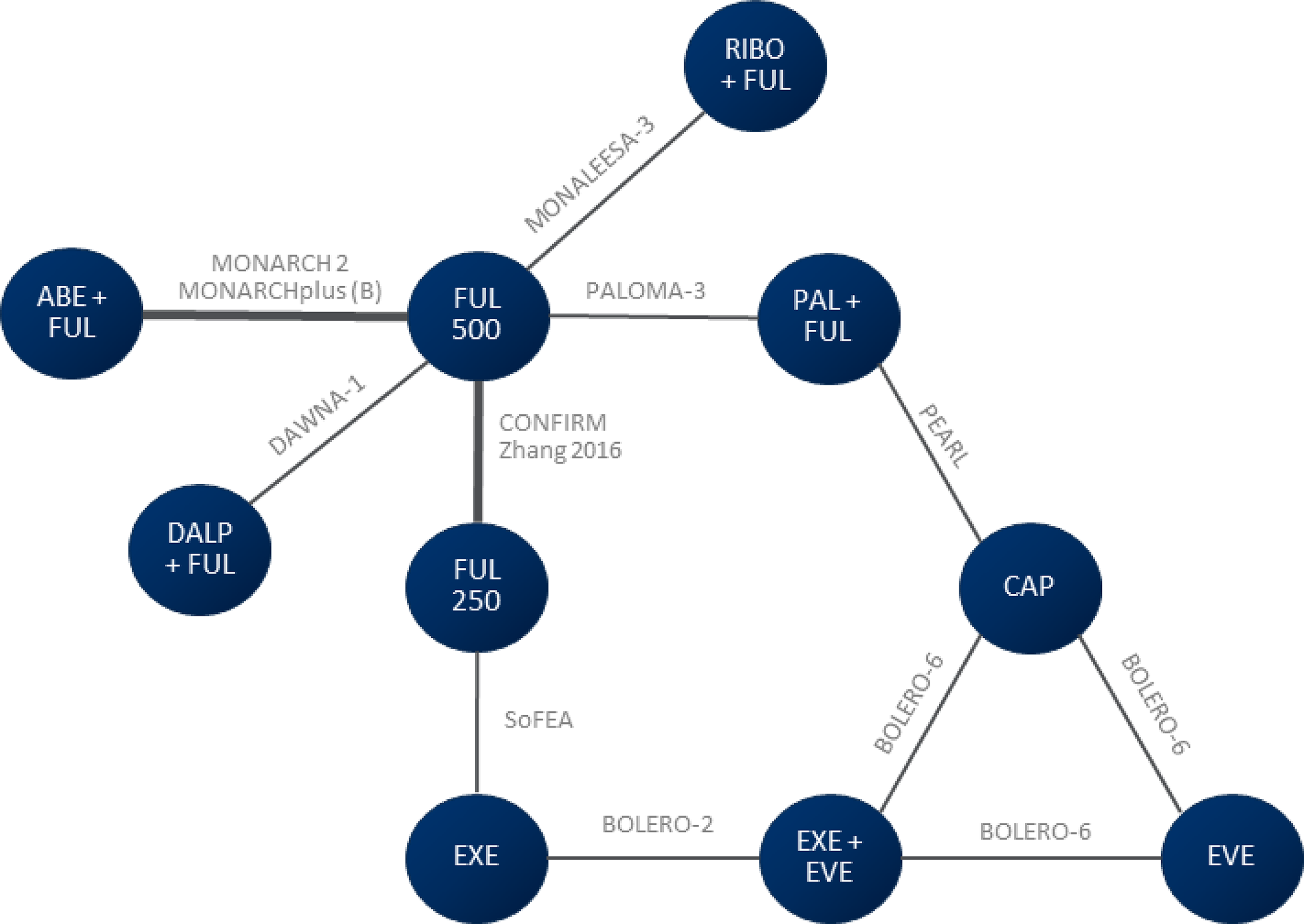 Network of the different comparator arms and studies is presented with fulvestrant 500 mg at the centre of the network.