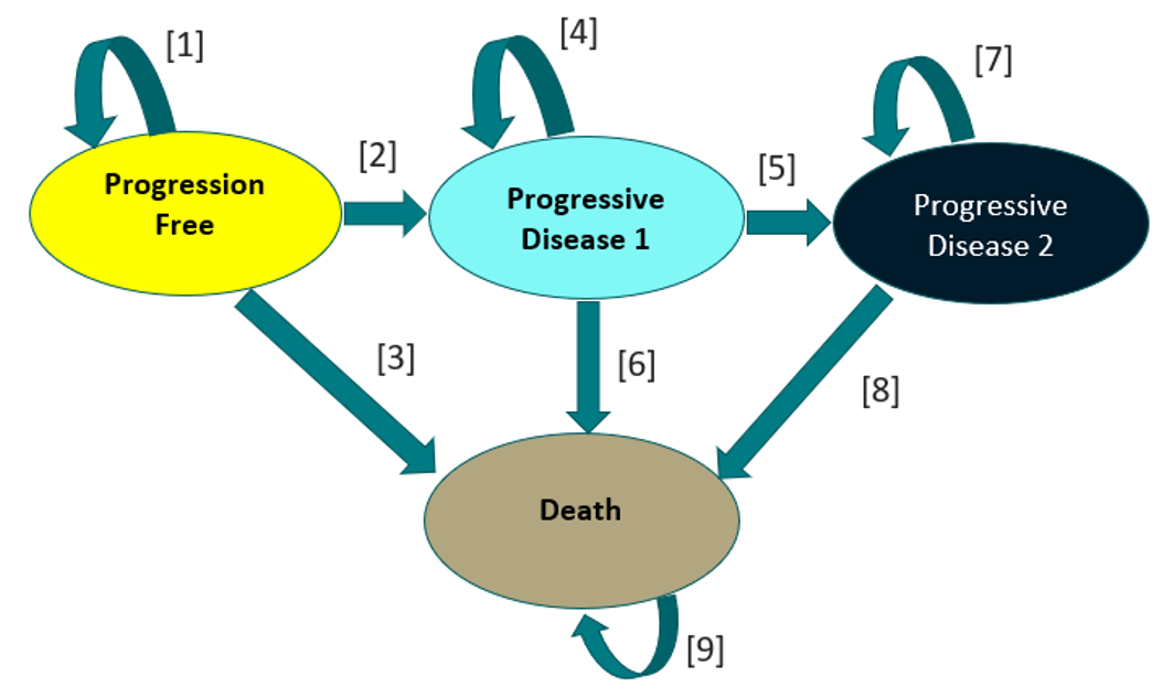 The figure outlines patient movement through the sponsor’s model. Each oval represents a health state and arrows indicate which health states patients can move to.