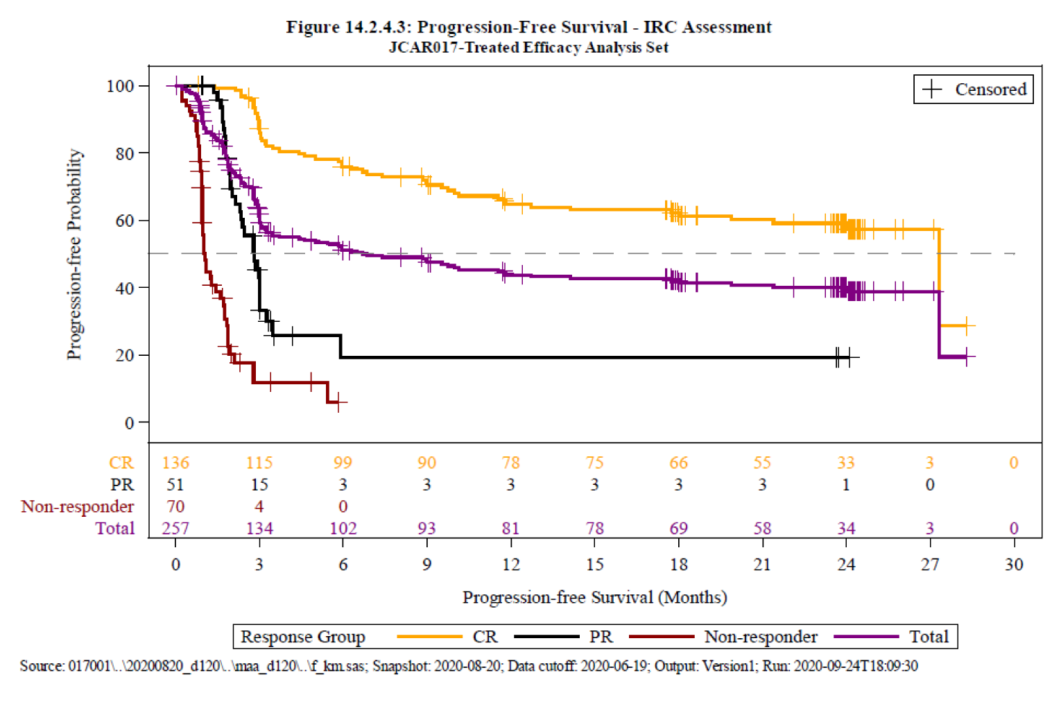 This figure depicts the progression-free survival curves in the DLBCL efficacy set, starting at 100% survival and reaching 50% between 2, 3, 7, and 27 months for the non-responder, partial response, total, and complete response groups, respectively.